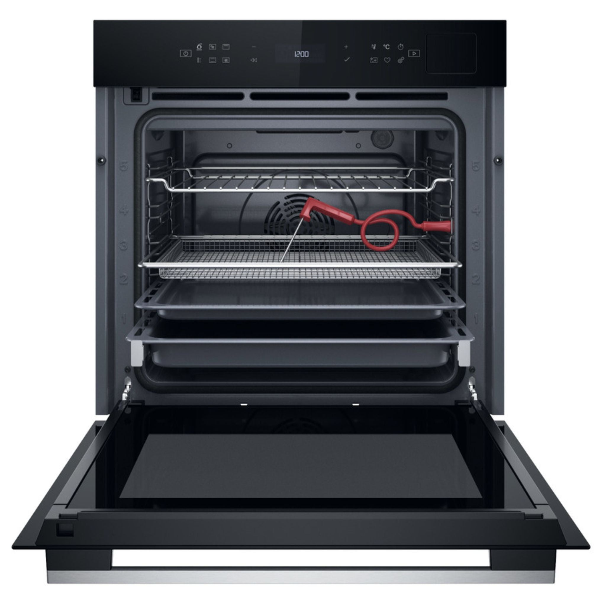 An open black built-in oven with a meat thermometer on the rack.