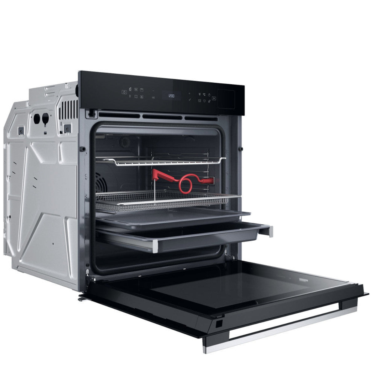 A modern built-in oven with its door open and shelves pulled out.
