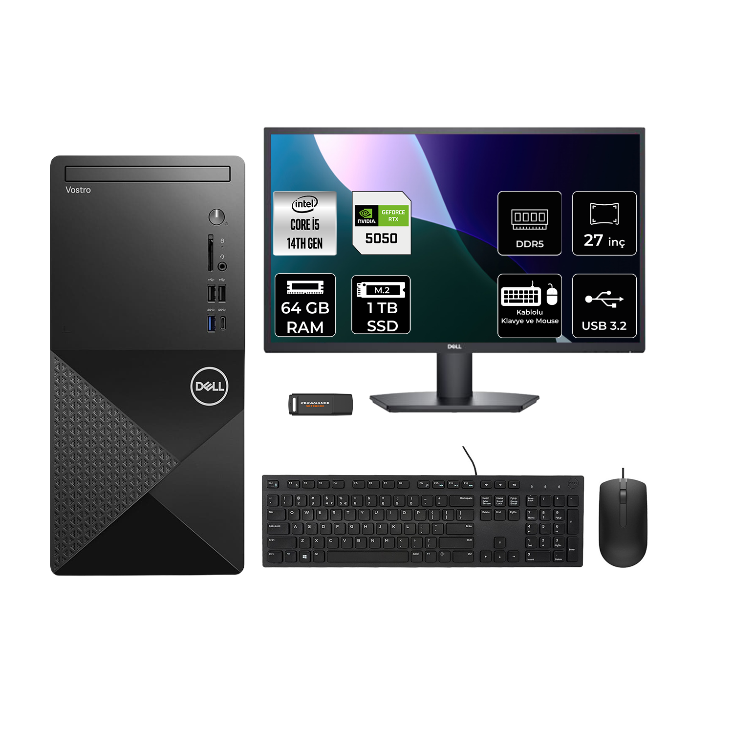 DELL Vostro 3030MT RTX5050/8GB 27" N6014VDT3030MTP1154 PER4 Bellek Intel Core i5-14600 64 GB RAM 1 TB SSD FreeDOS Masaüstü Bilgisayar