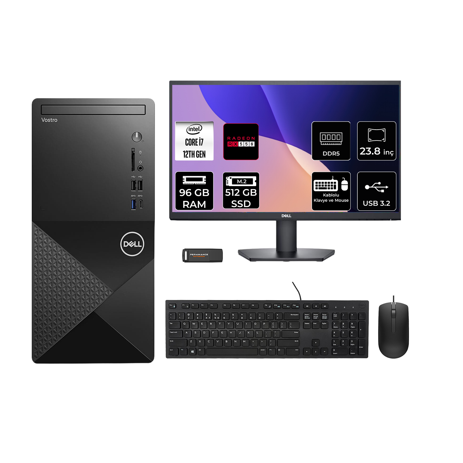 DELL Vostro 3030MT RX550/4GB 23.8" N6007VDT3030MTP677 PER4 Bellek Intel Core i7-12700 96 GB RAM 512 GB SSD FreeDOS Masaüstü Bilgisayar