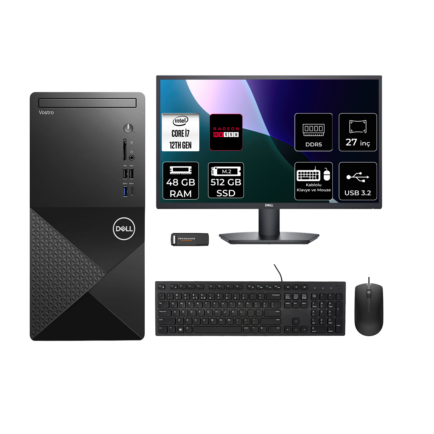 DELL Vostro 3030MT RX550/4GB 27" N6007VDT3030MTP969 PER4 Bellek Intel Core i7-12700 48 GB RAM 512 GB SSD FreeDOS Masaüstü Bilgisayar