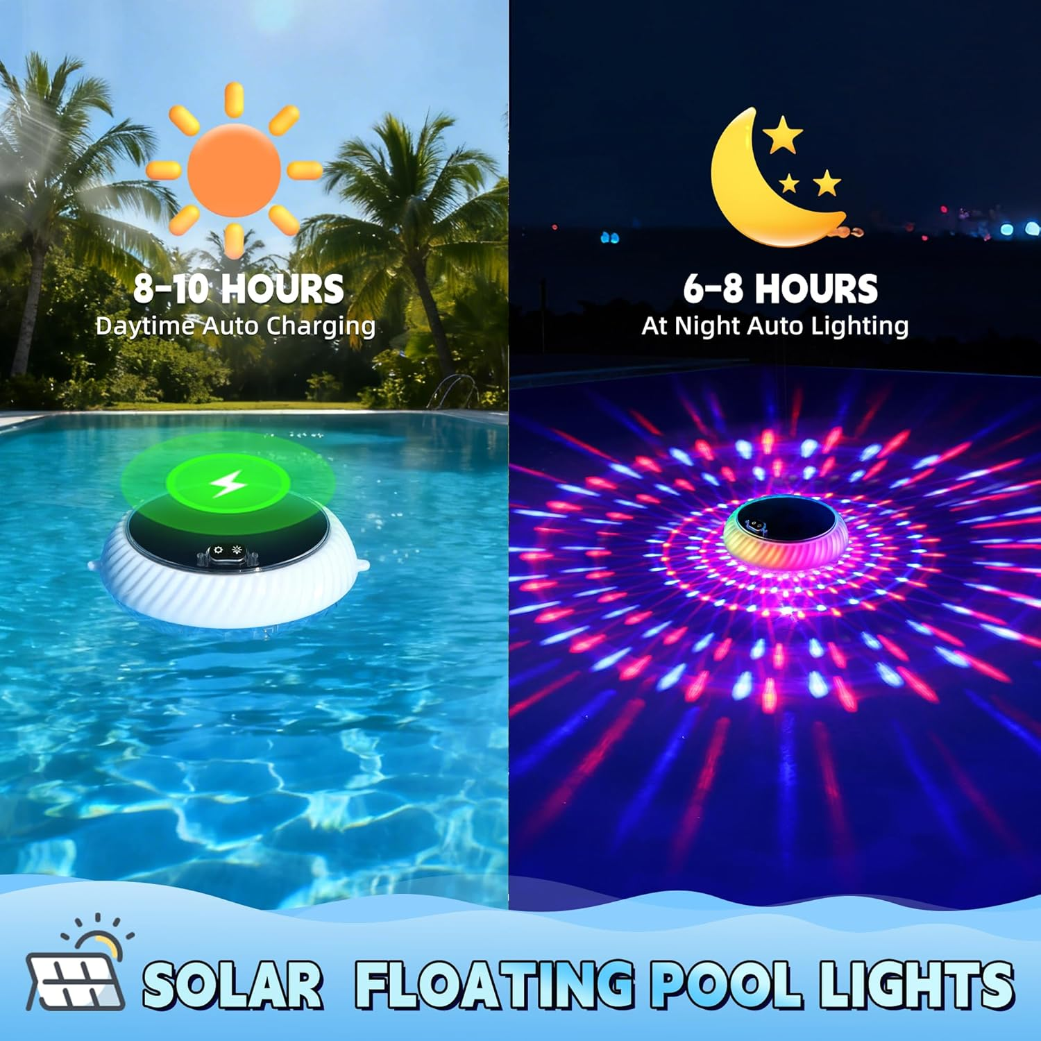 Solar-Poolleuchte: tagsüber Aufladung, nachts Beleuchtung. Motiv: Sonne und Mond.