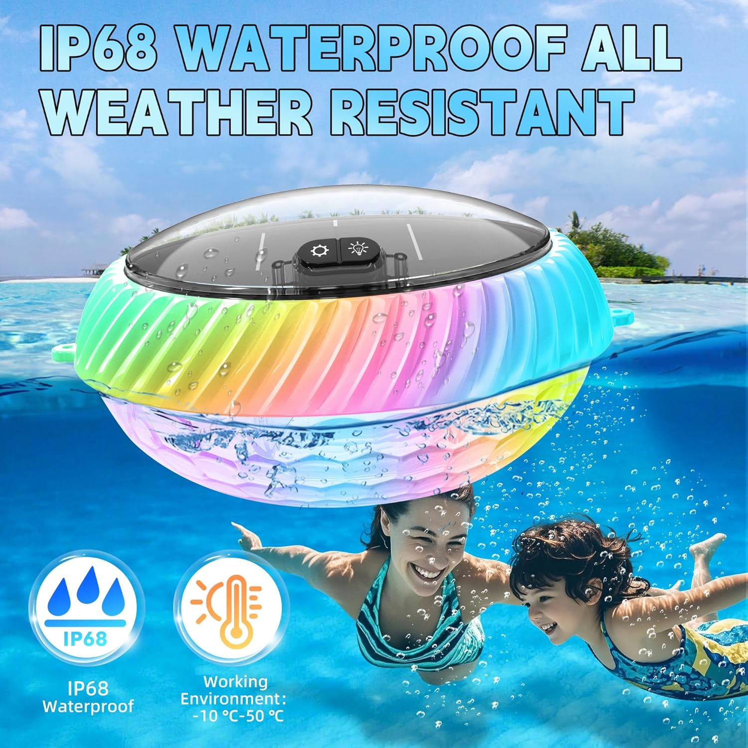 Ein buntes, wasserfestes Gerät schwimmt im Pool, während eine Frau und ein Kind darunter tauchen.