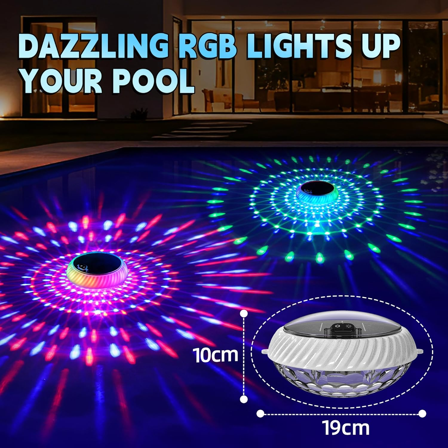 Zwei Unterwasser-RGB-Lichter beleuchten einen Pool mit roten, blauen und grünen Mustern.