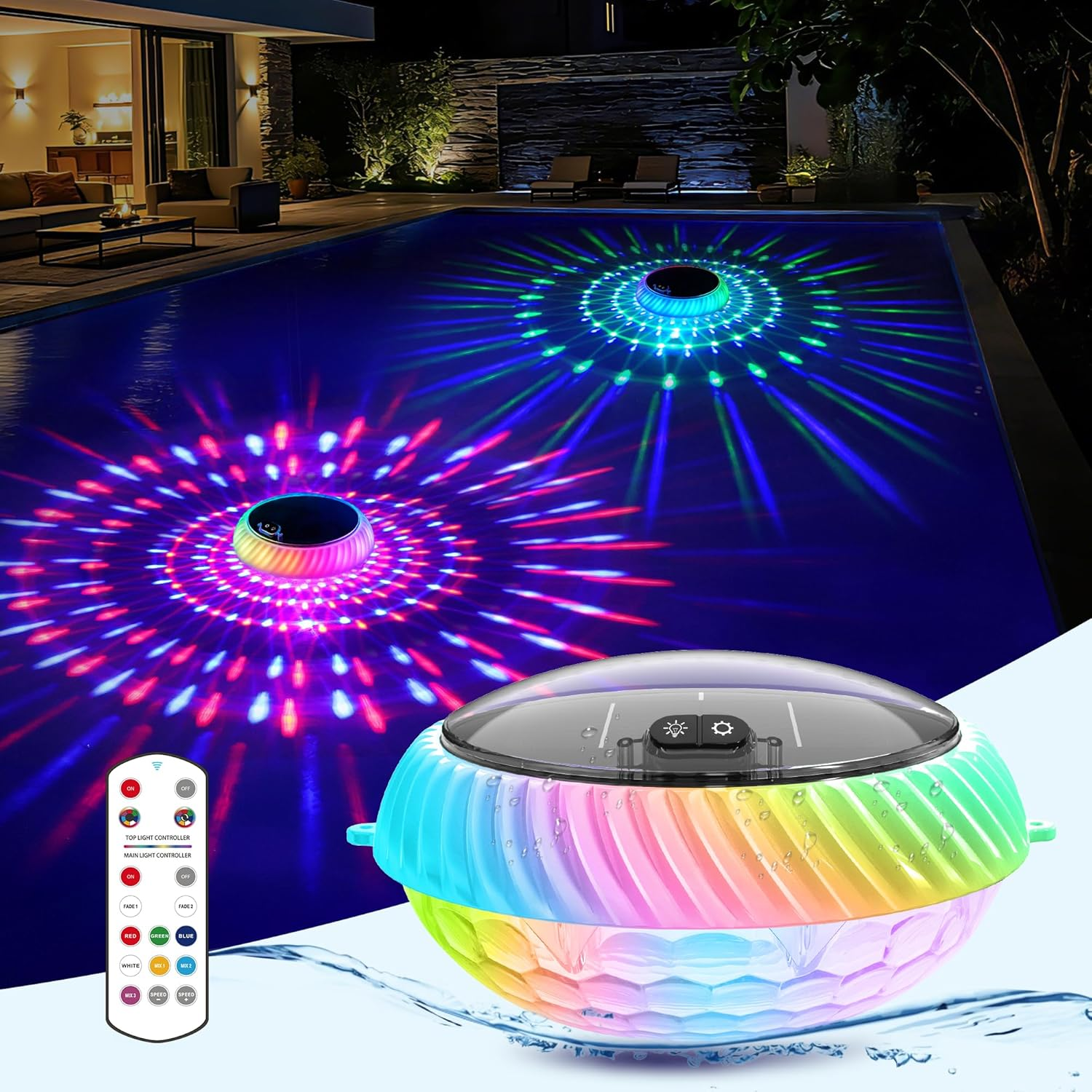 Ein schwimmendes Poollicht mit Farbwechsel und Fernbedienung auf einem Nachmittag.