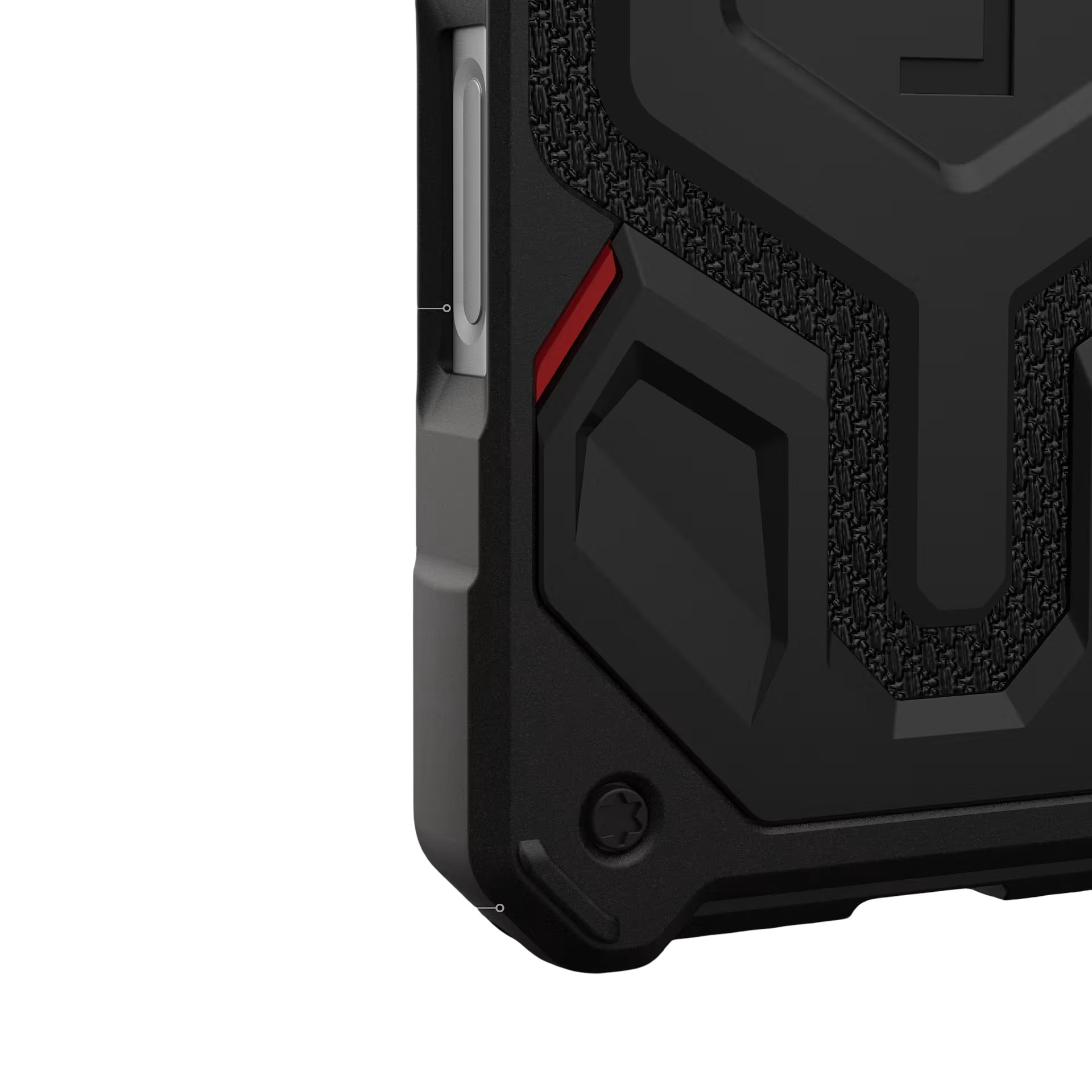Zwarte telefoonhoes met gestructureerde inzetstukken en rood detail.
