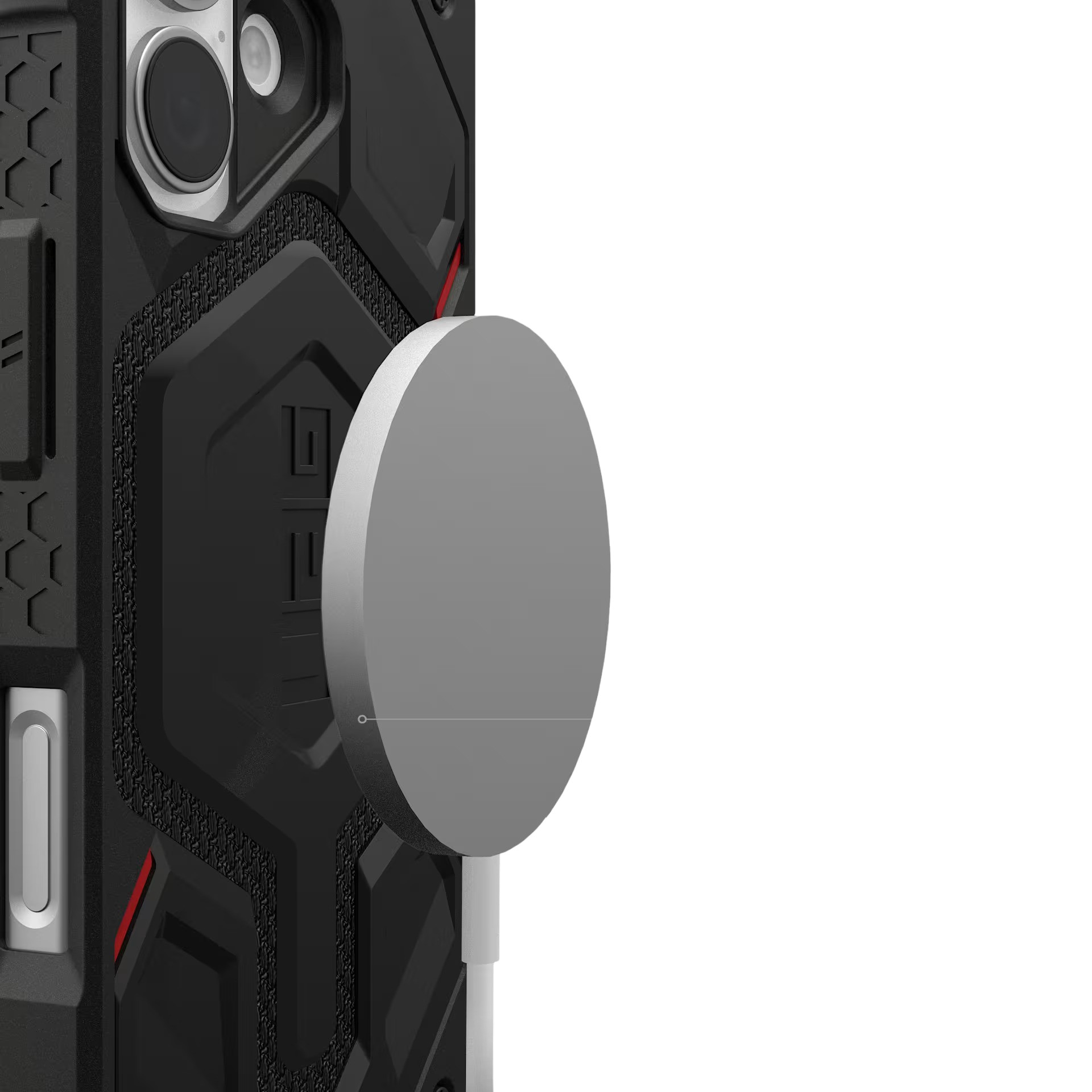 Zwarte telefoonhoes met een grijs rond object en witte kabel.