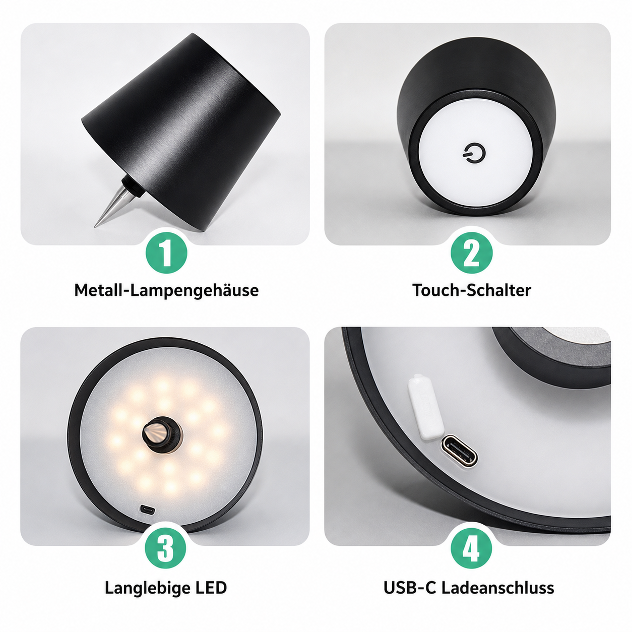 Produktbilder zeigen Lampengehäuse, Touch-Schalter, LEDs und USB-C-Anschluss.