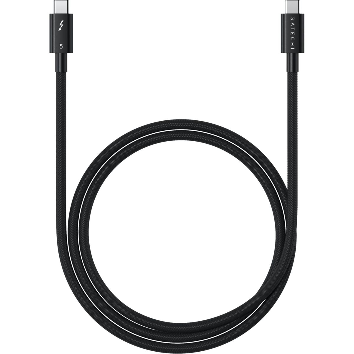 Cavo USB-C nero con simbolo fulmine e numero 5 su un'estremità.