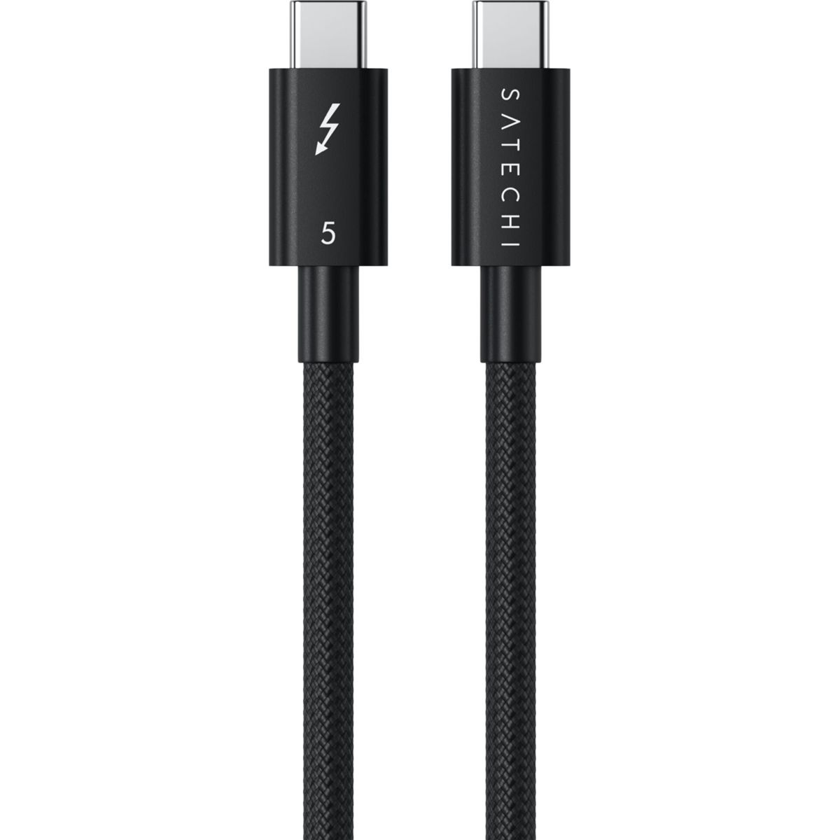 Due cavi USB-C neri con connettori argentati. Un cavo ha un simbolo di fulmine e il numero 5.