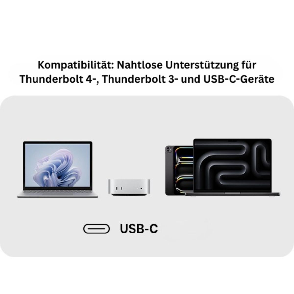 Un laptop, una docking station e un altro laptop con connettore USB-C.