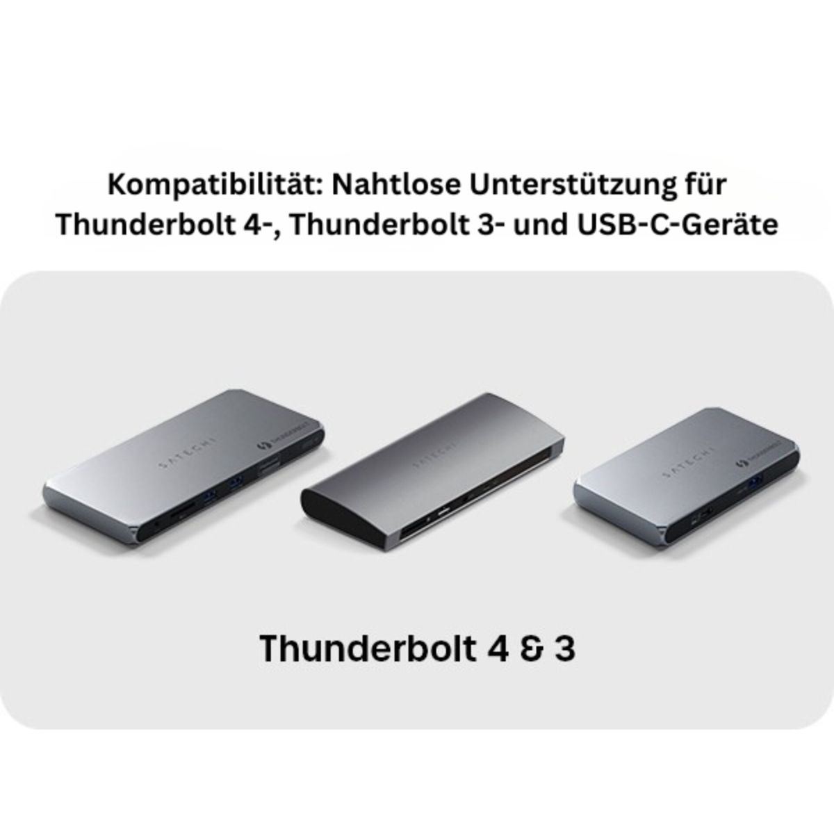 Tre hub Satechi Thunderbolt 4 e 3 grigi uno accanto all'altro su sfondo bianco.