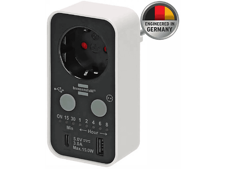 BRENNENSTUHL Countdown Serisi Led Ekranlı USB ve Type-C Girişli 0 m Zaman Ayarlı Priz Siyah-Beyaz