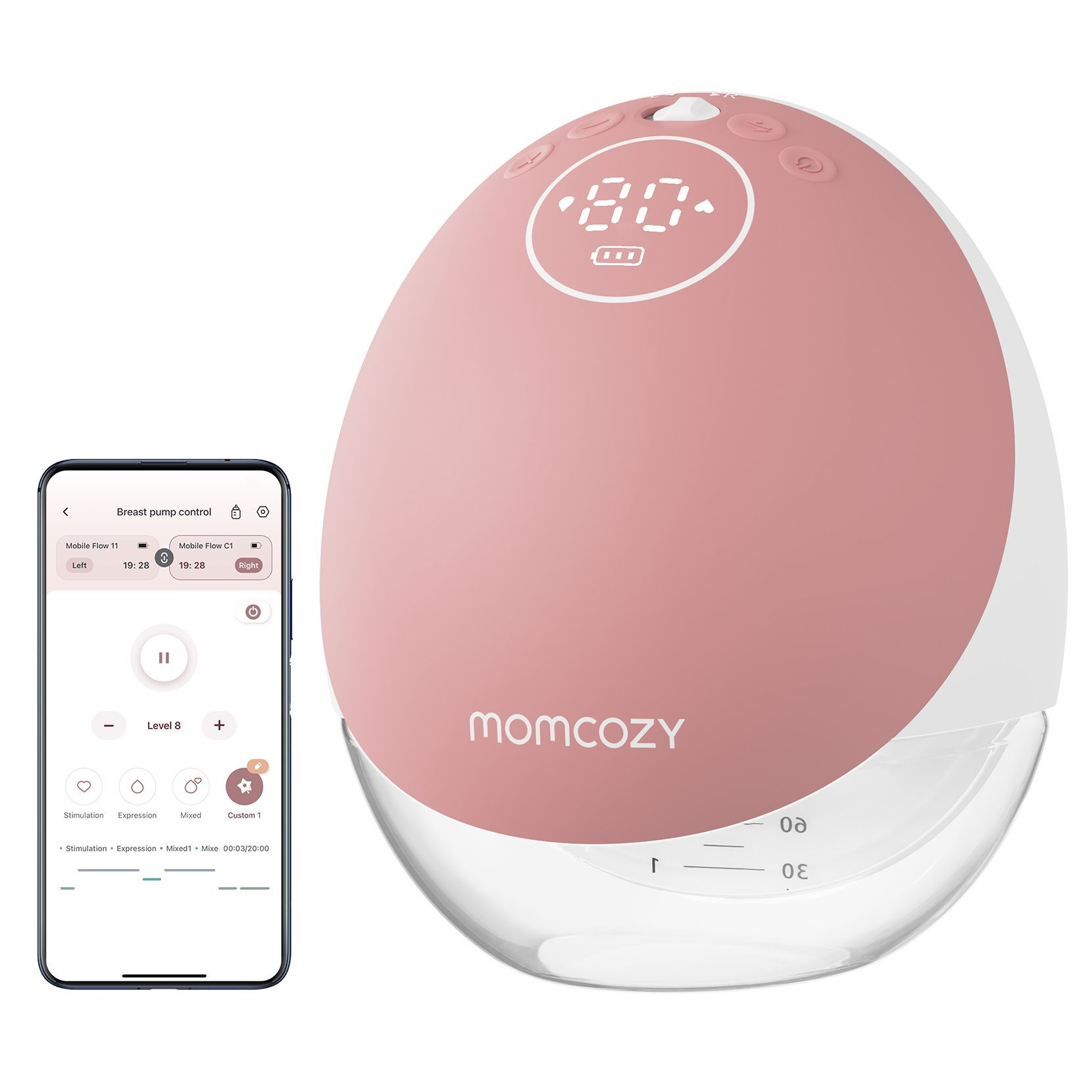 Różowy laktator Momcozy z kontrolą aplikacji na smartfonie.