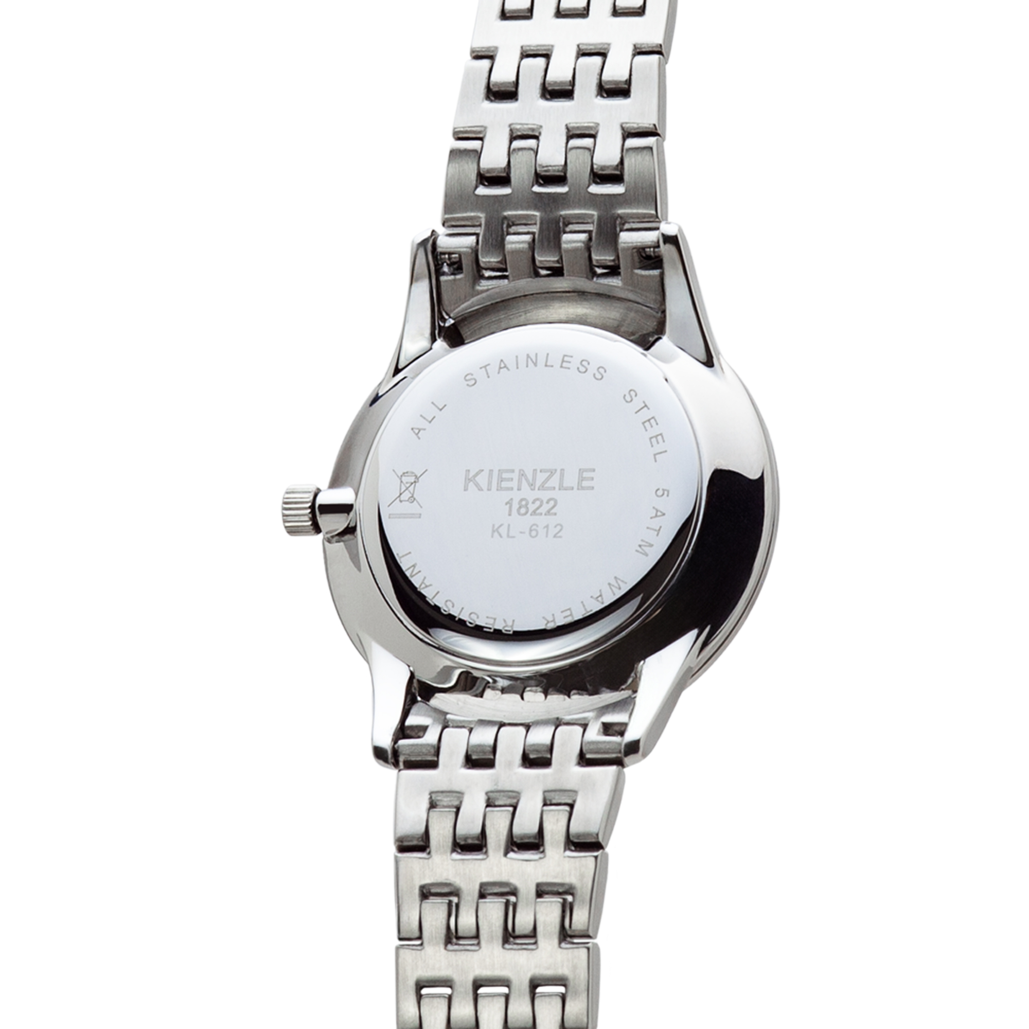 Rückseite einer Kienzle-Uhr aus Edelstahl mit silbernem Armband.