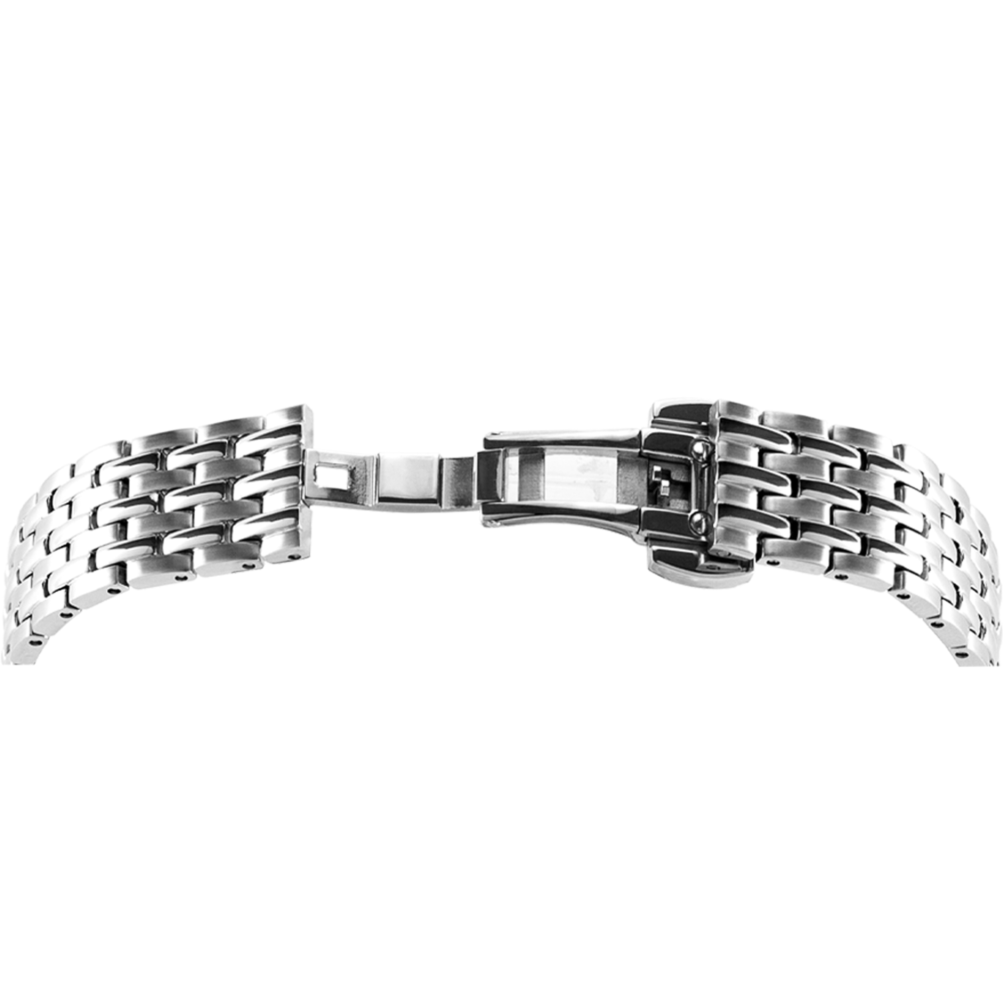 Ein silbernes Uhrenarmband mit offenem Verschluss auf weißem Hintergrund.