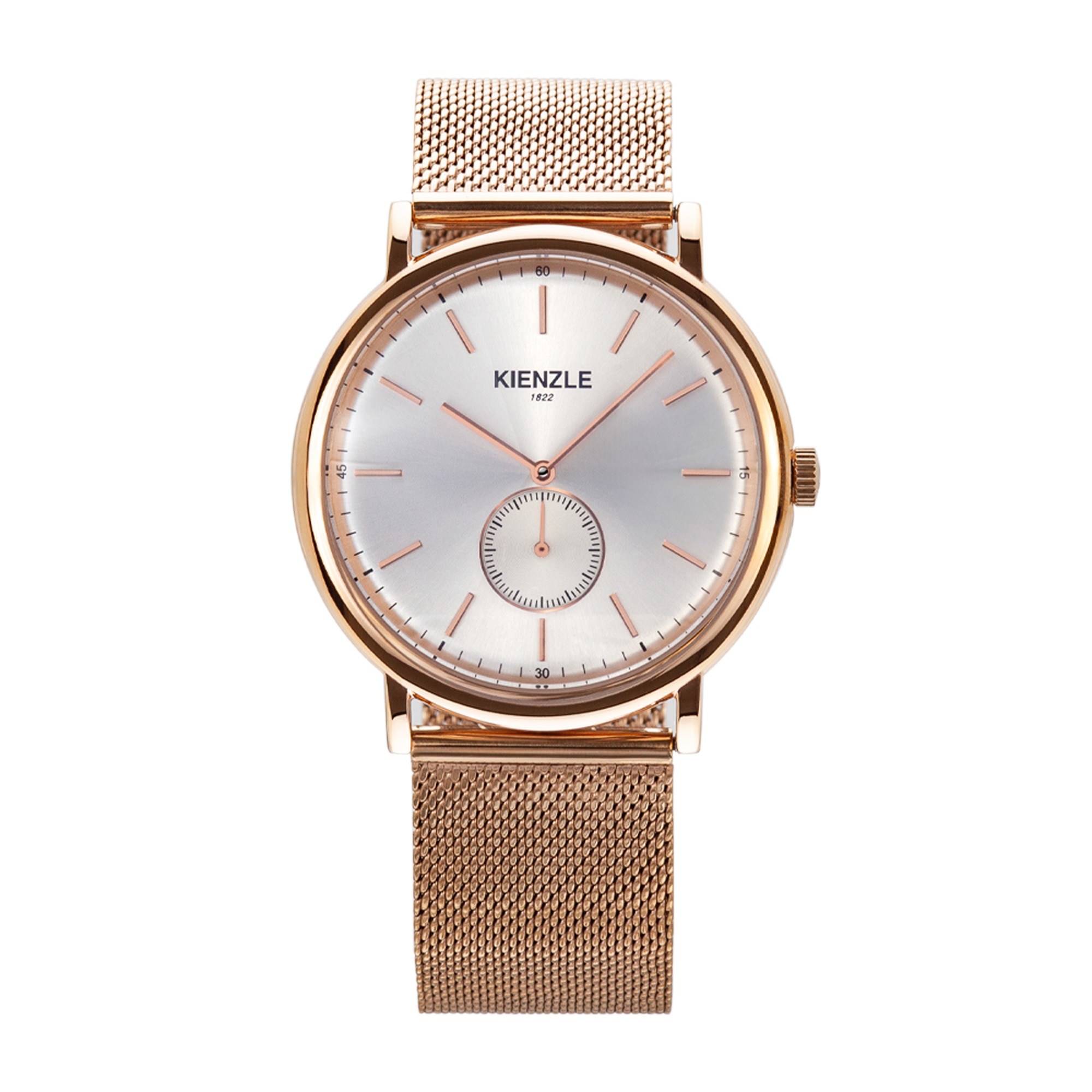 Eine goldene Kienzle-Uhr mit silbernem Zifferblatt und Netzarmband.