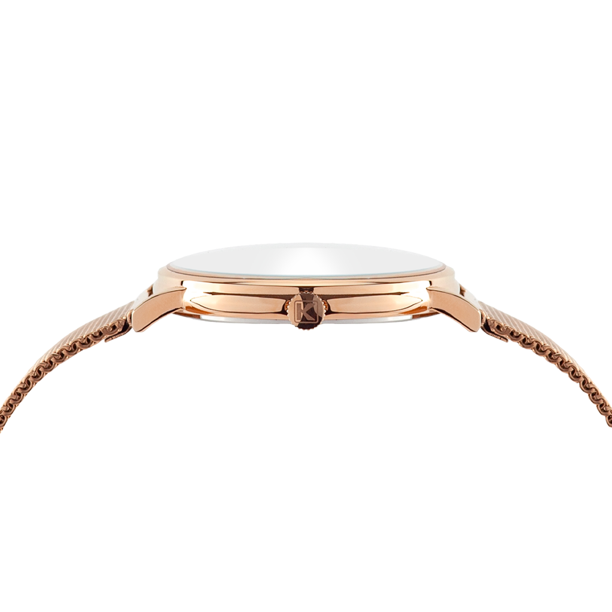 Detailaufnahme einer Roségolduhr mit weißem Zifferblatt und geflochtenem Armband.