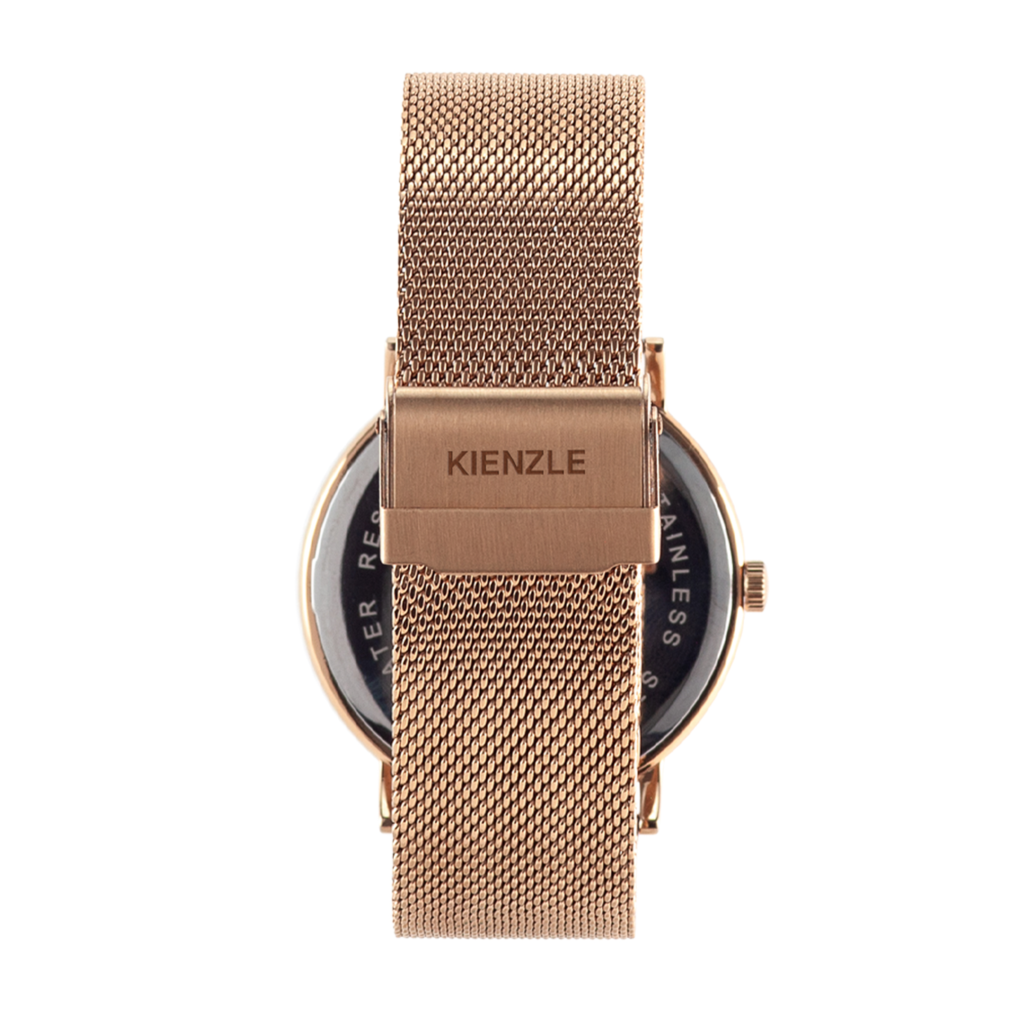 Eine roségoldene Mesh-Armbanduhr mit Kienzle-Logo auf dem Verschluss.