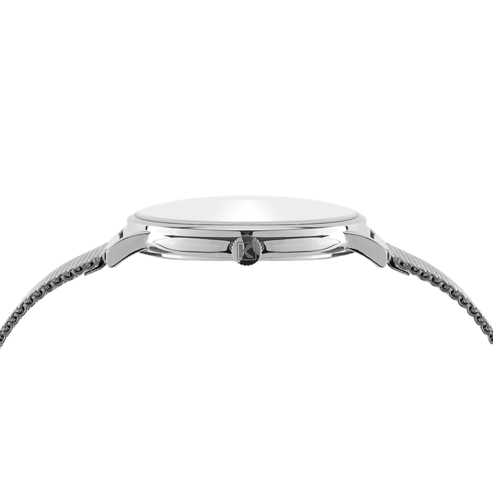 Eine silberne Uhr mit einem Gliederarmband und einem weißen Zifferblatt.