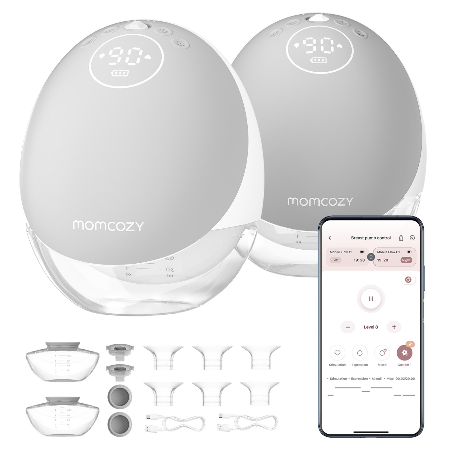 Dwa białe laktatory Momcozy z akcesoriami i aplikacją na smartfona.
