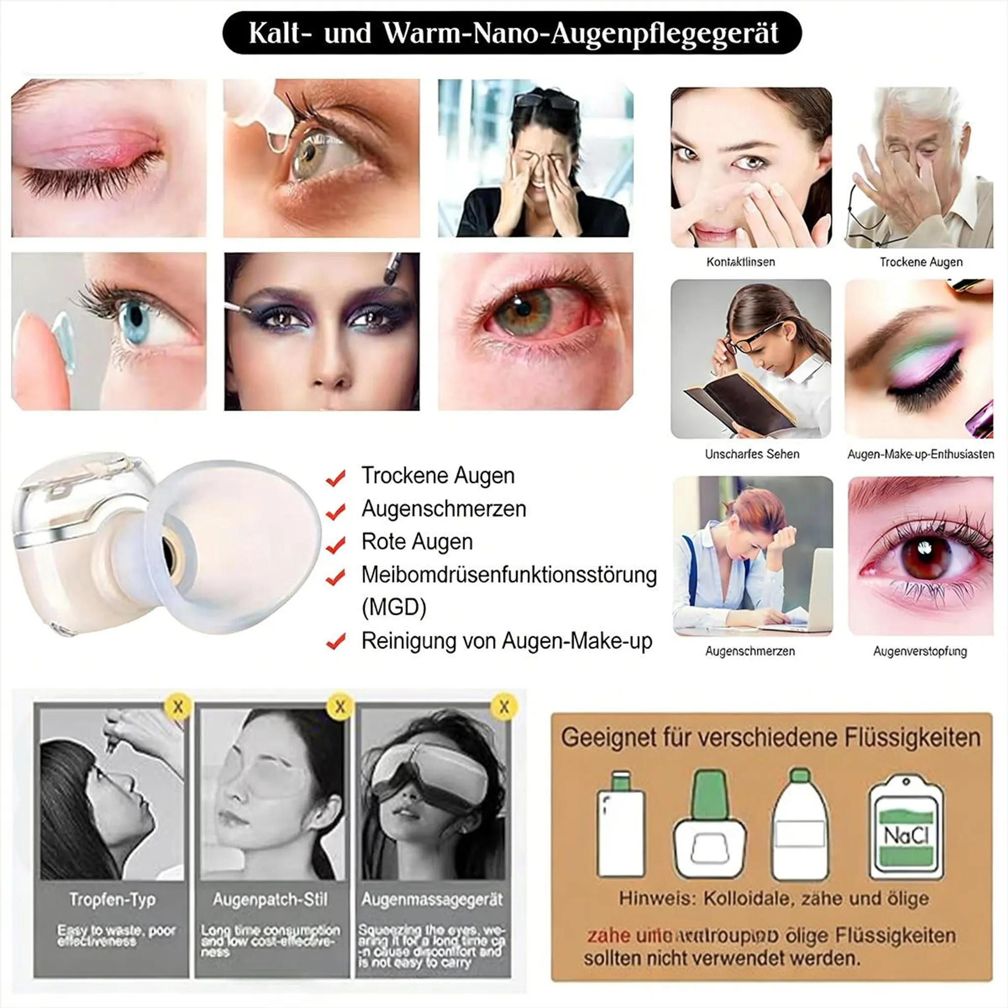 Collage zeigt Augenprobleme & Lösungen, Augenpflegegerät, Tropfen, Patch, Massagegerät.