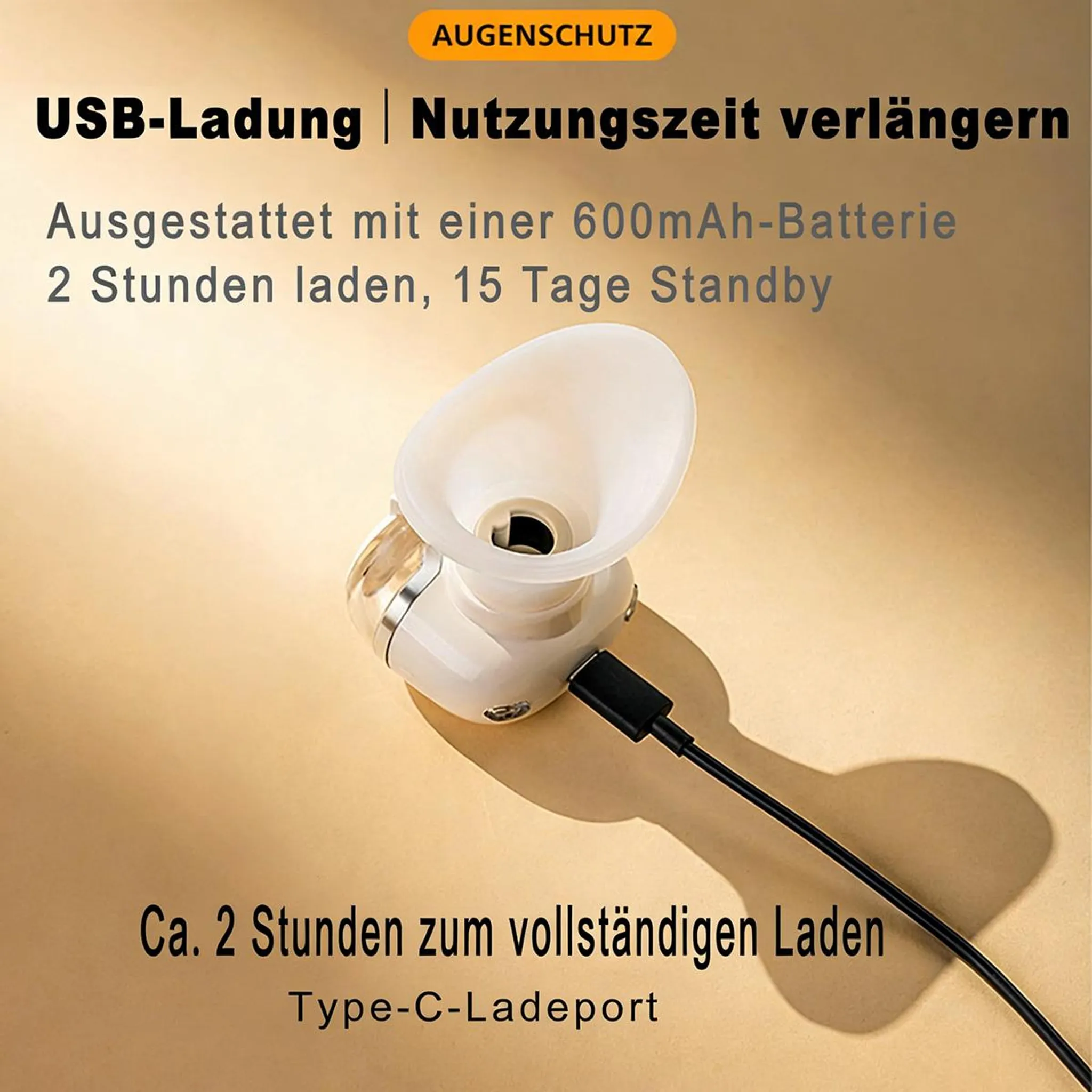 Ein weißes USB-Gerät mit einem Schlauchanschluss ist an ein USB-Kabel angeschlossen.