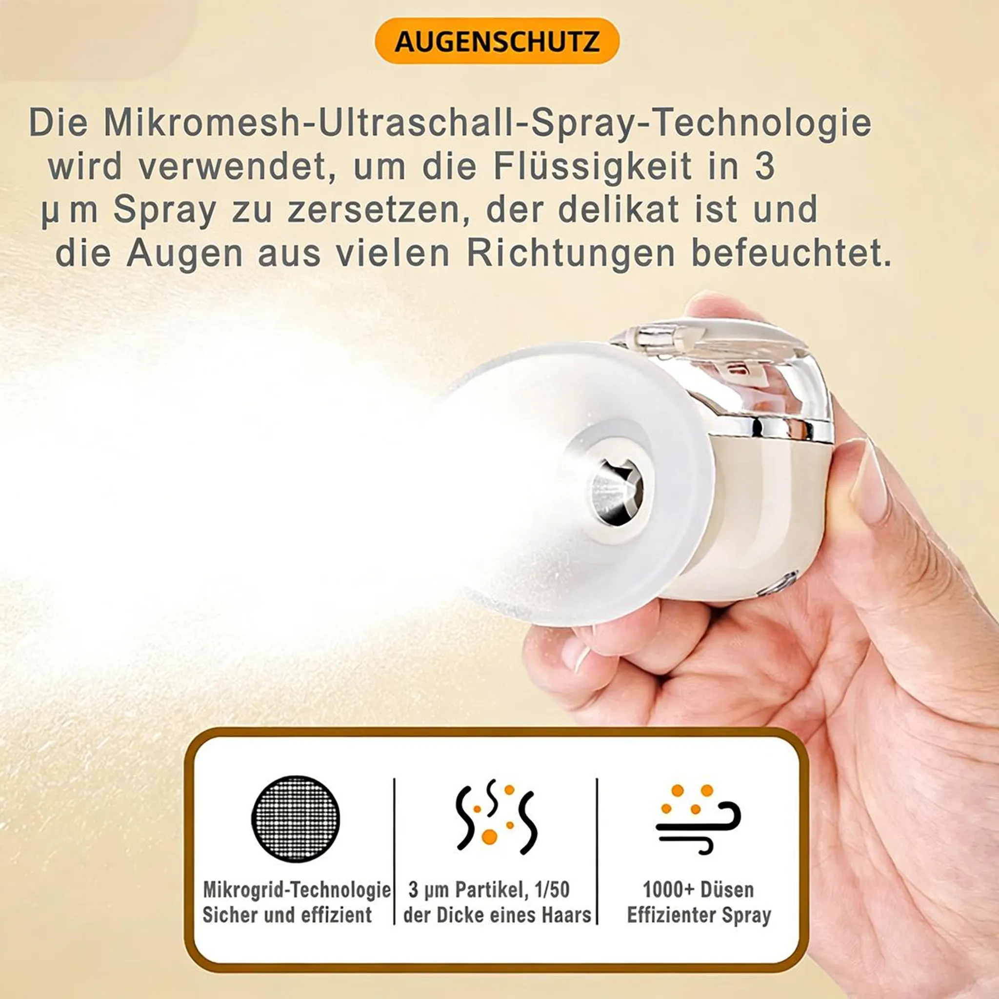 Hand hält Ultraschall-Spray-Gerät, das feinen Nebel versprüht. Icons zeigen Technologie.