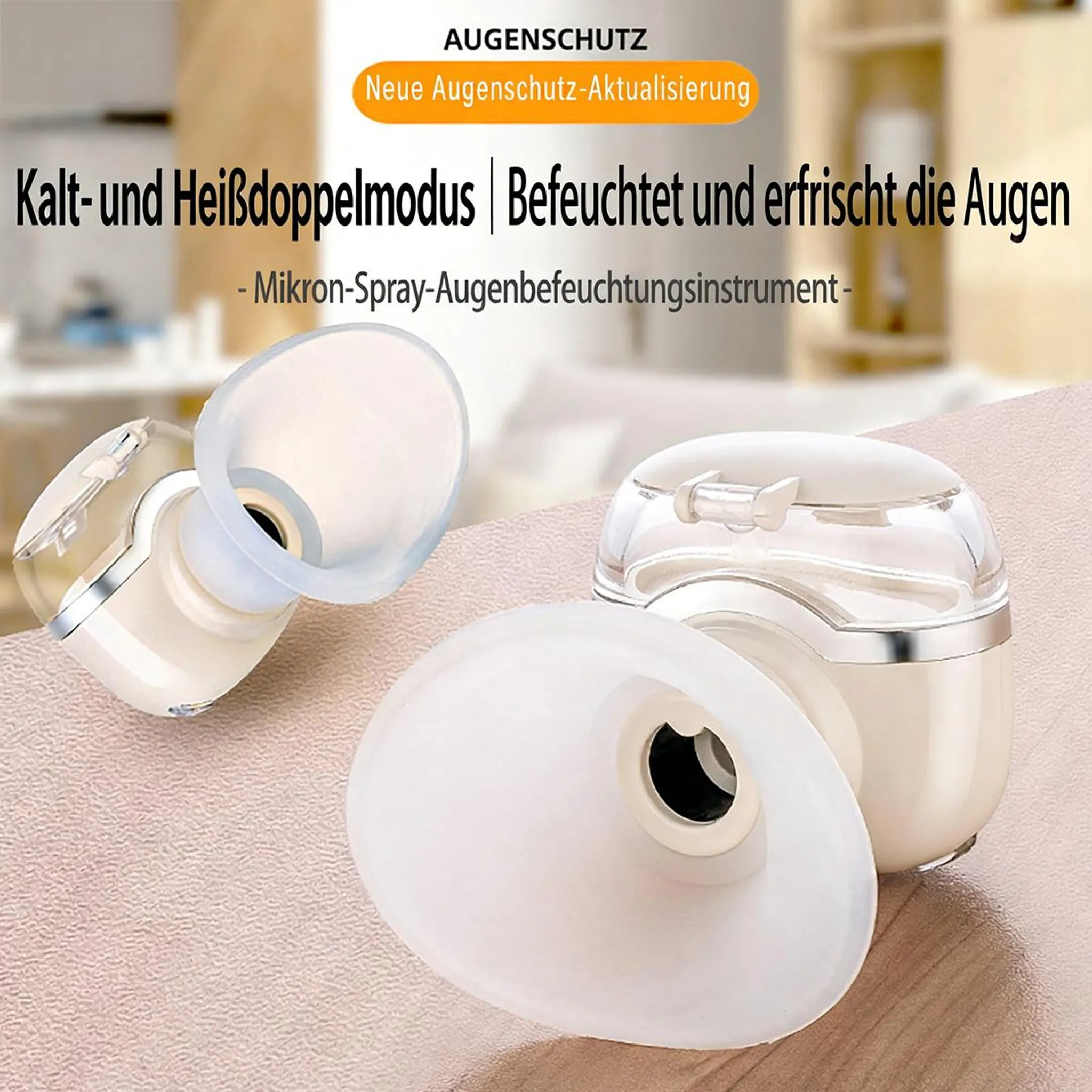 Zwei weiße Augenbefeuchtungsgeräte mit klaren Kappen auf einem rosa Untergrund.