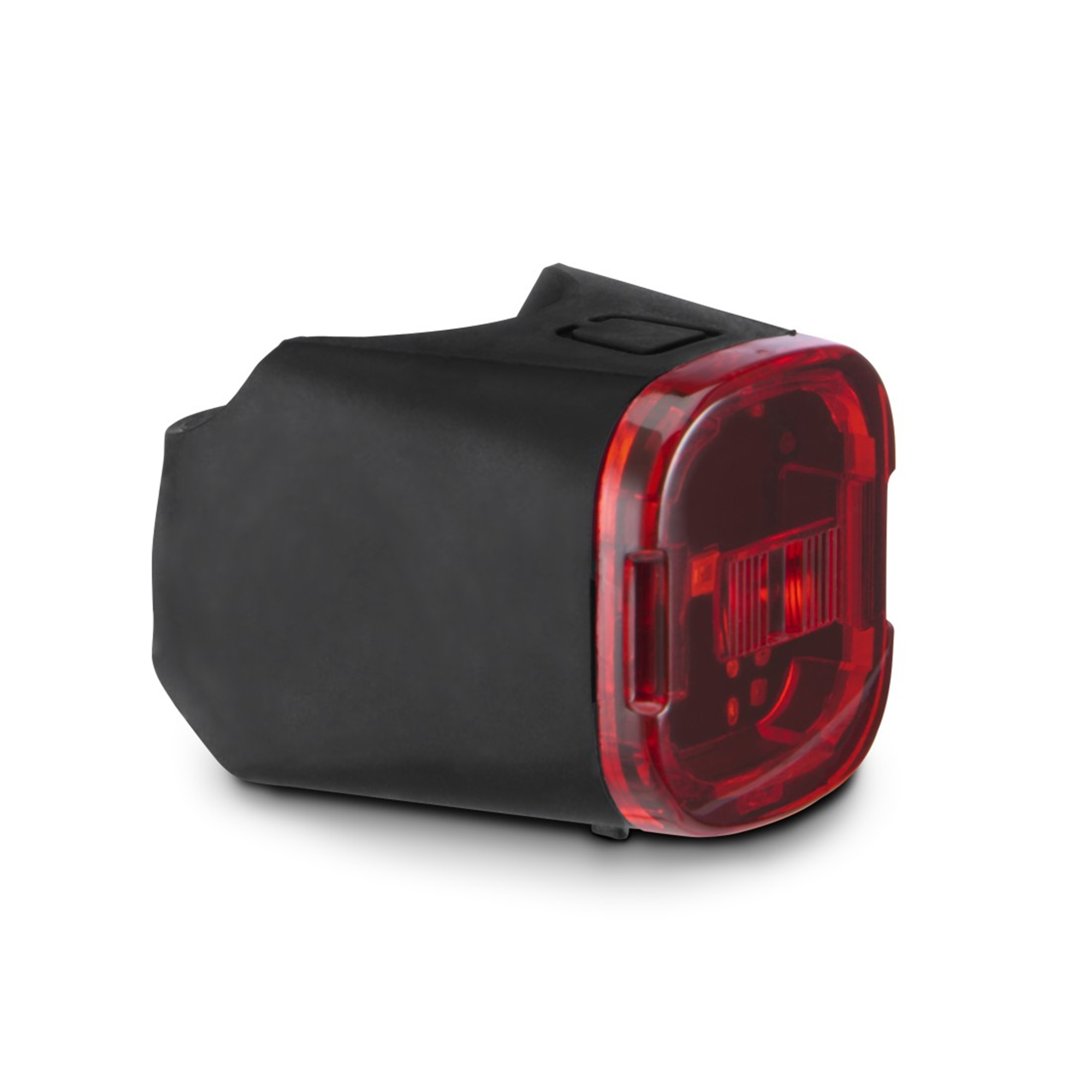 Schwarzer Fahrradrücklicht mit rotem, transparentem Gehäuse und sichtbaren LED-Elementen.