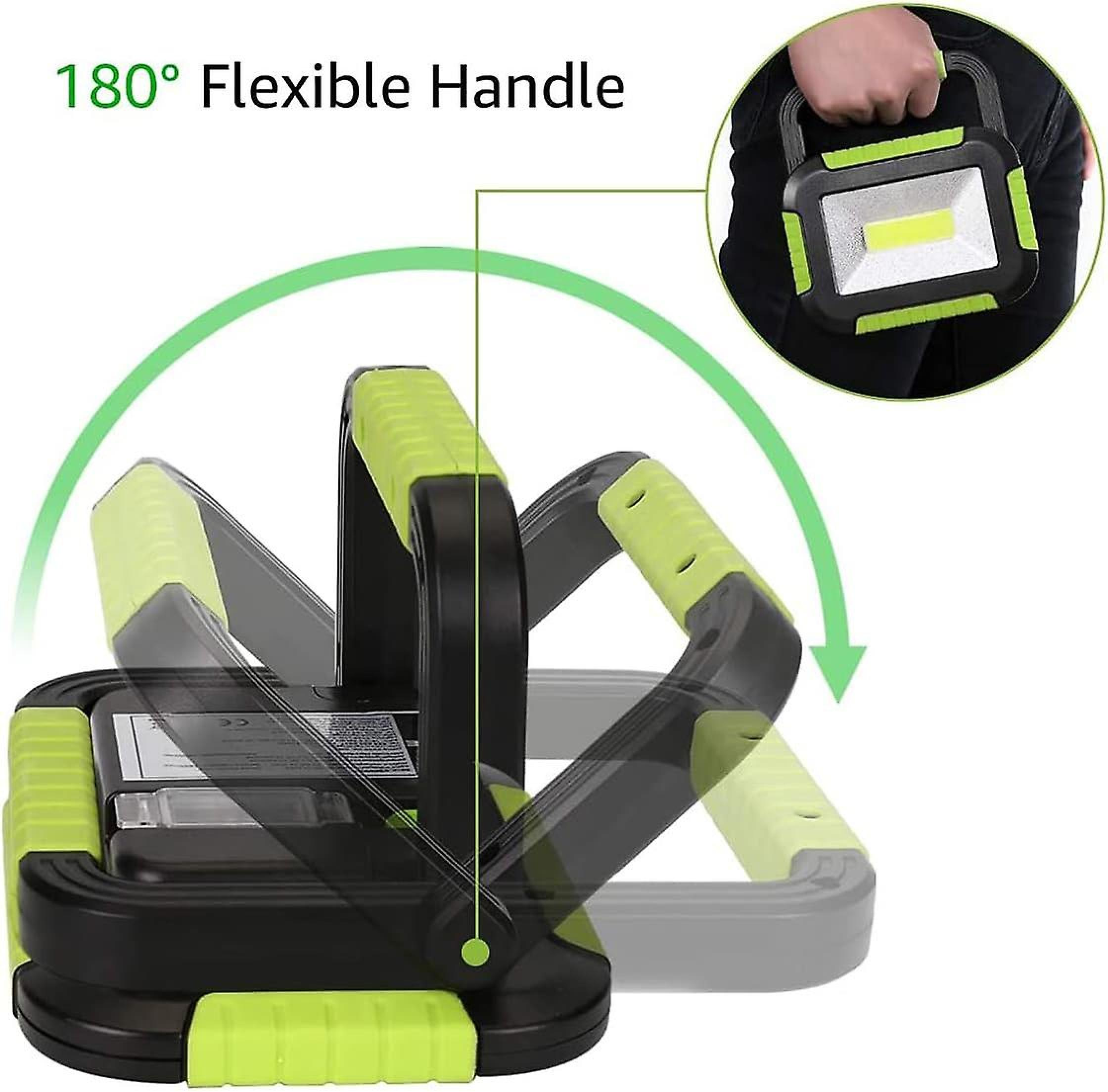Tragbarer LED-Strahler mit grünem, 180° schwenkbarem Griff.