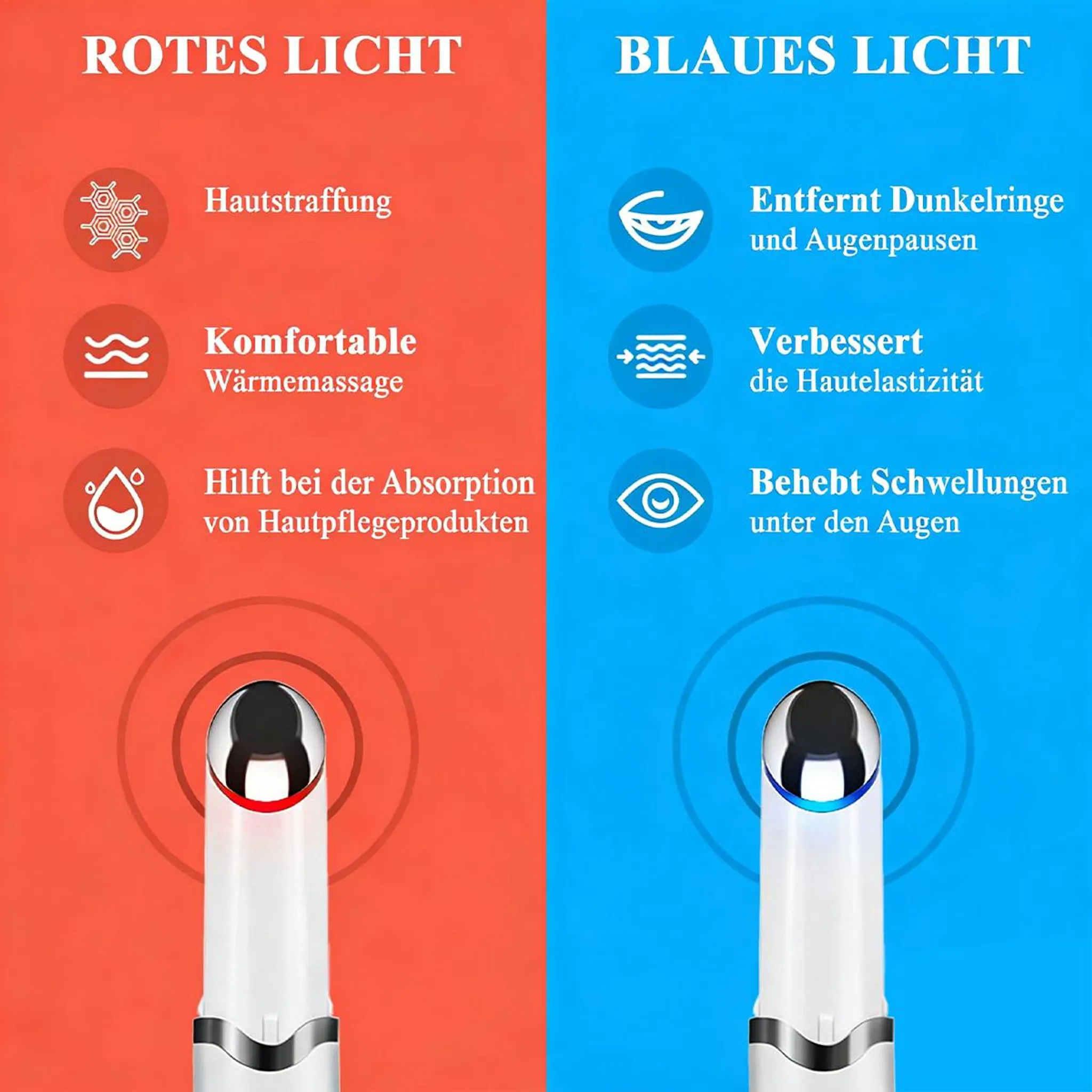 Gerät mit rotem und blauem Licht für Hautpflege: Straffung, Massage, Absorption, Augenpflege.