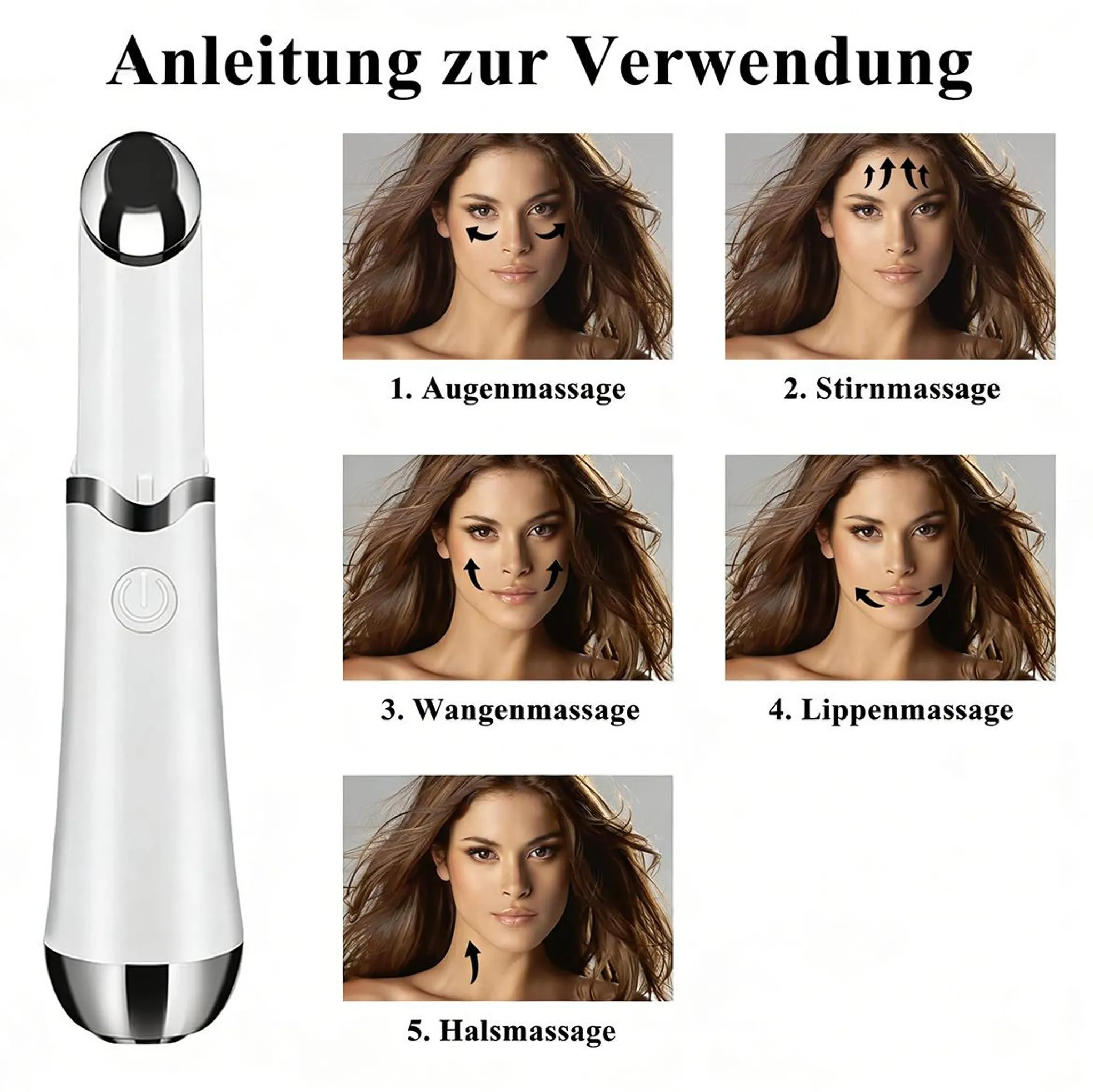 Anleitung mit einem Gerät und 5 Massagebereichen im Gesicht.