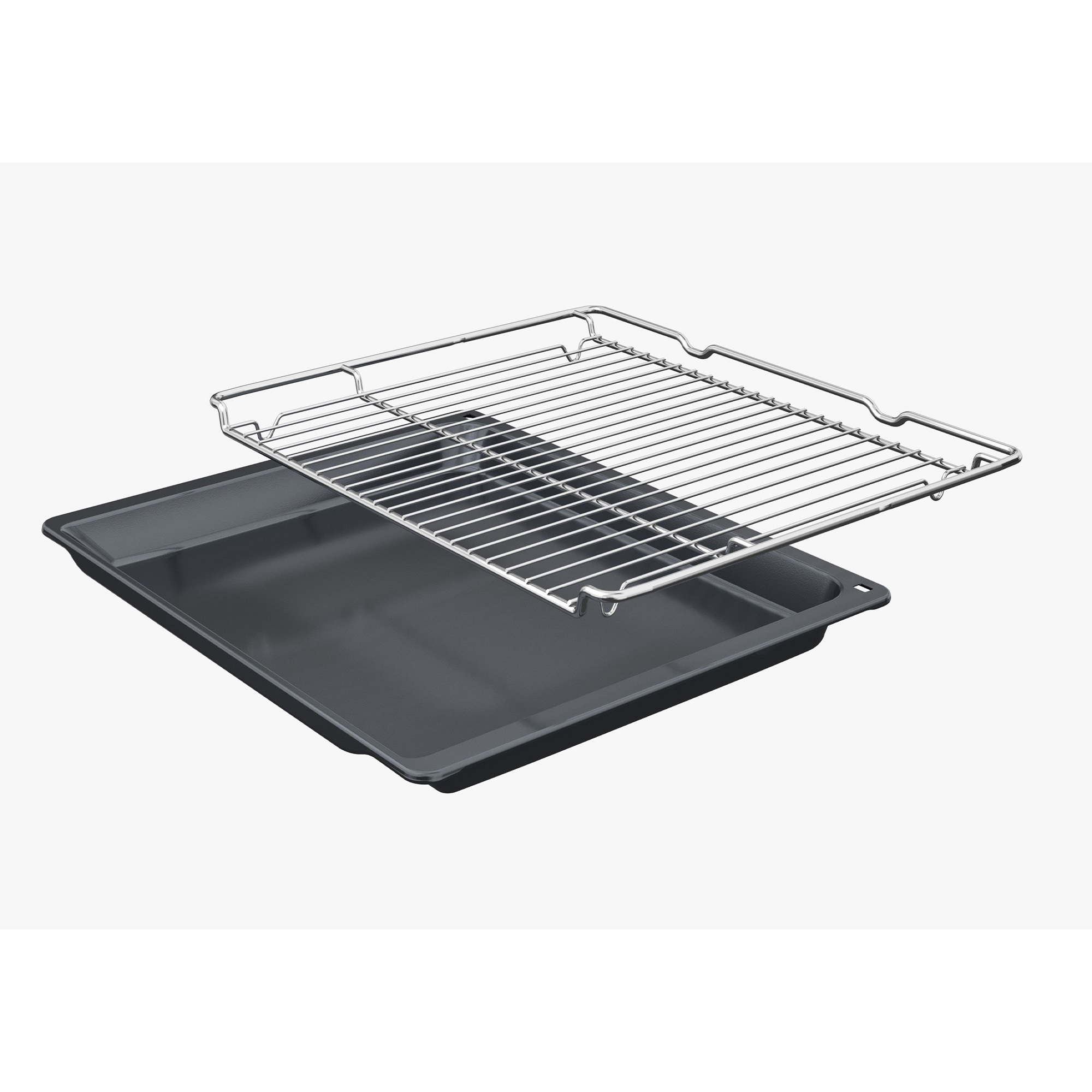 Ein metallisches Rostgitter liegt auf einer dunklen Backform.