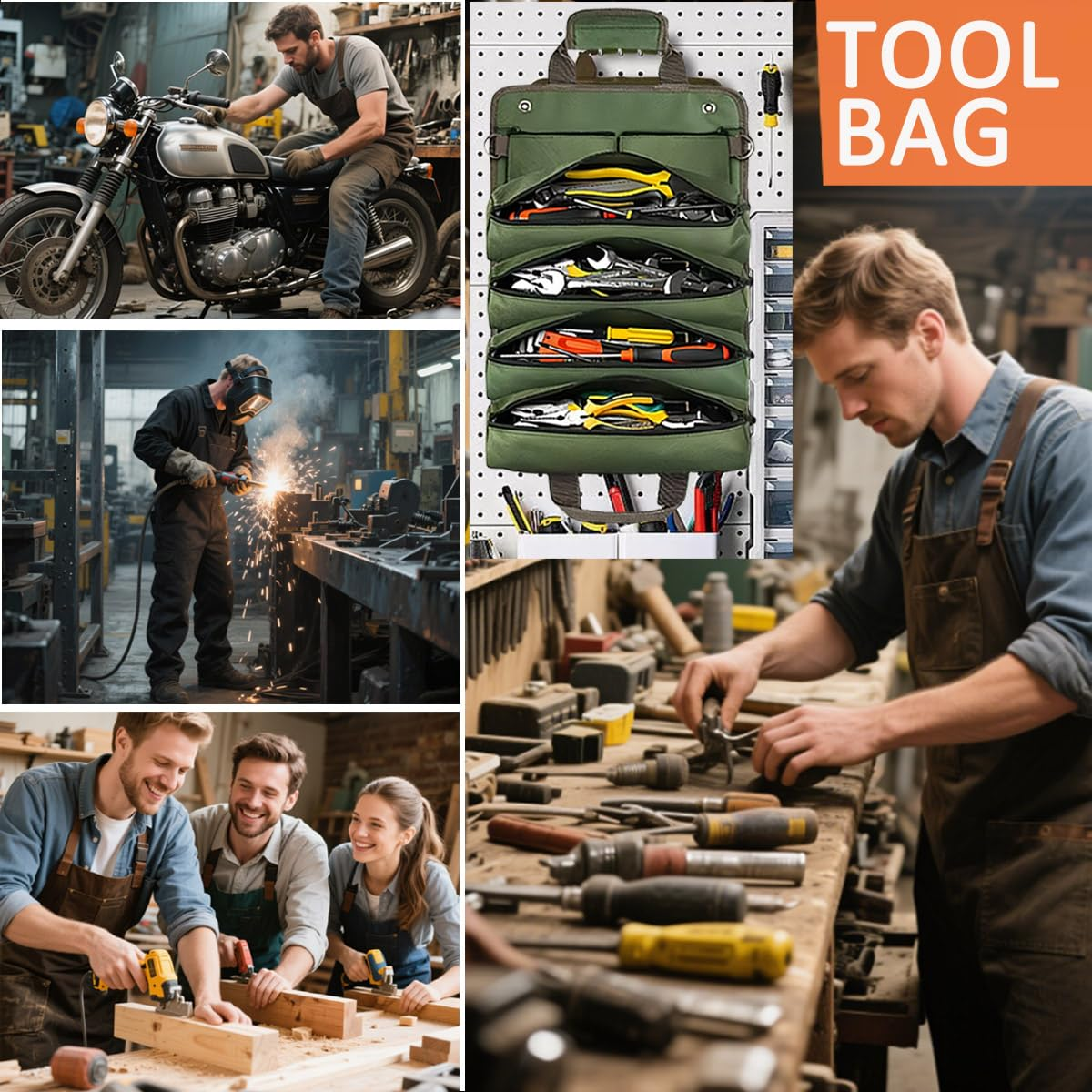 Collage: Mann repariert Motorrad, Schweißer, Werkzeugtasche, Handwerker am Tisch, Schreiner.
