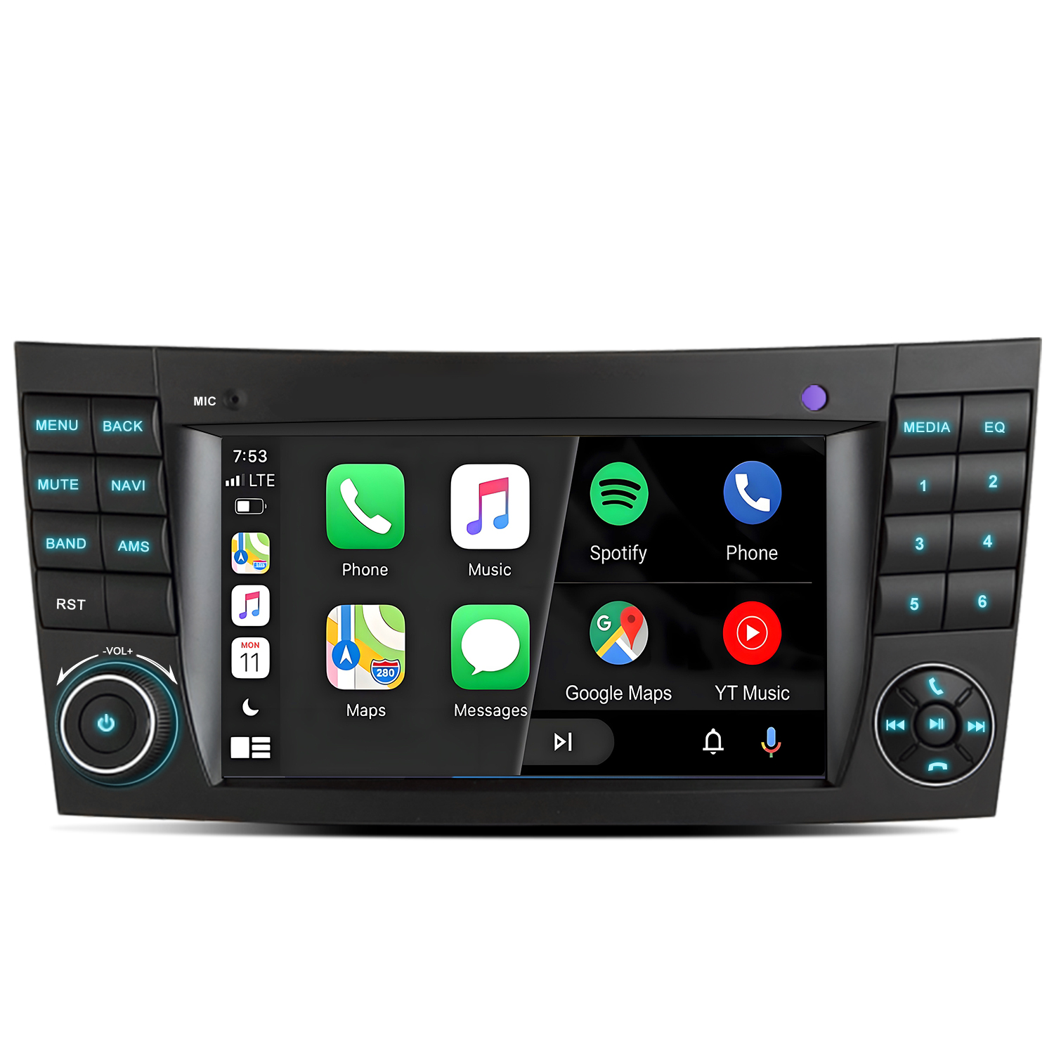 Ein Autoradio mit Touchscreen zeigt Smartphone-Apps wie Telefon, Musik, Spotify, Karten, Nachrichten, Google Maps und YouTube.