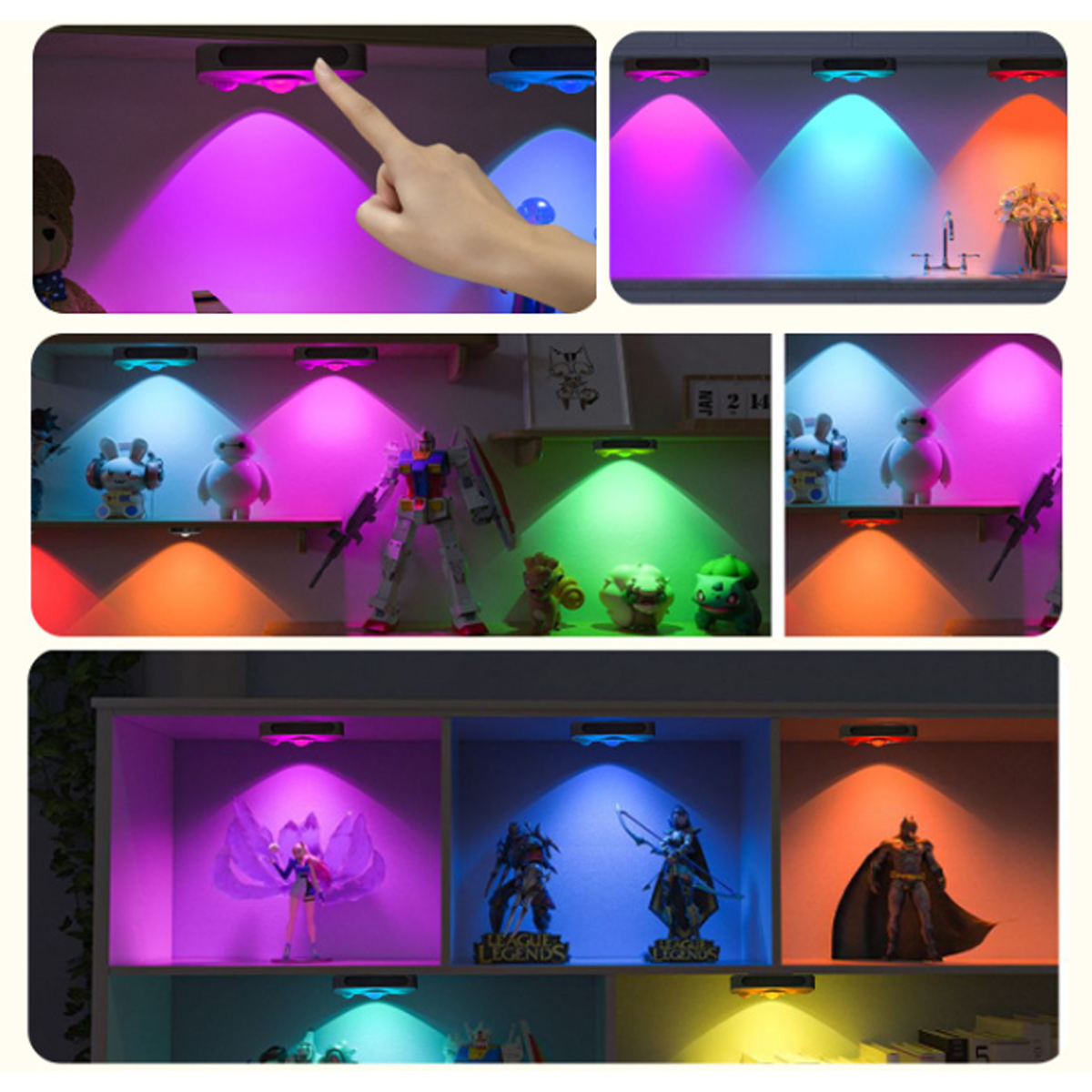 Regale mit Figuren, beleuchtet von oben mit bunten Lichtern: Lila, Blau, Grün, Orange.