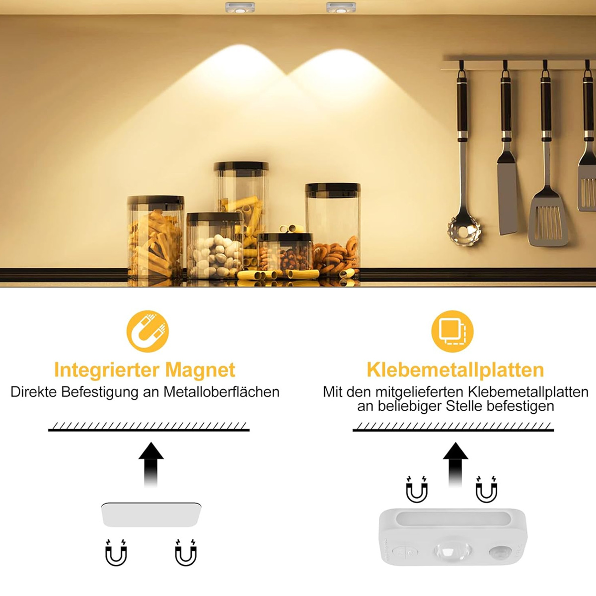 K&uuml;chenschrankbeleuchtung mit zwei Montageoptionen: Magnet und Klebeplatte.