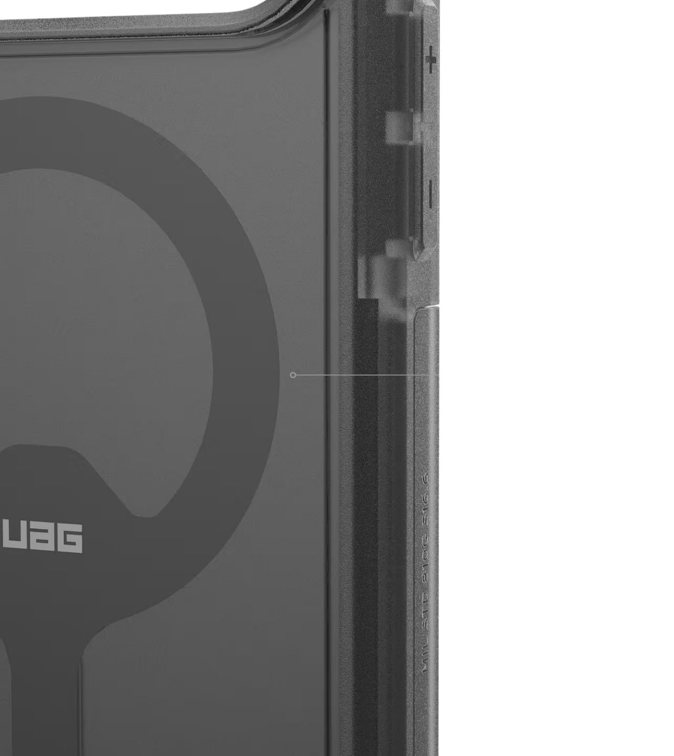 Grauer, transparenter Handyhülle mit UAG-Logo und seitlichen Tasten.