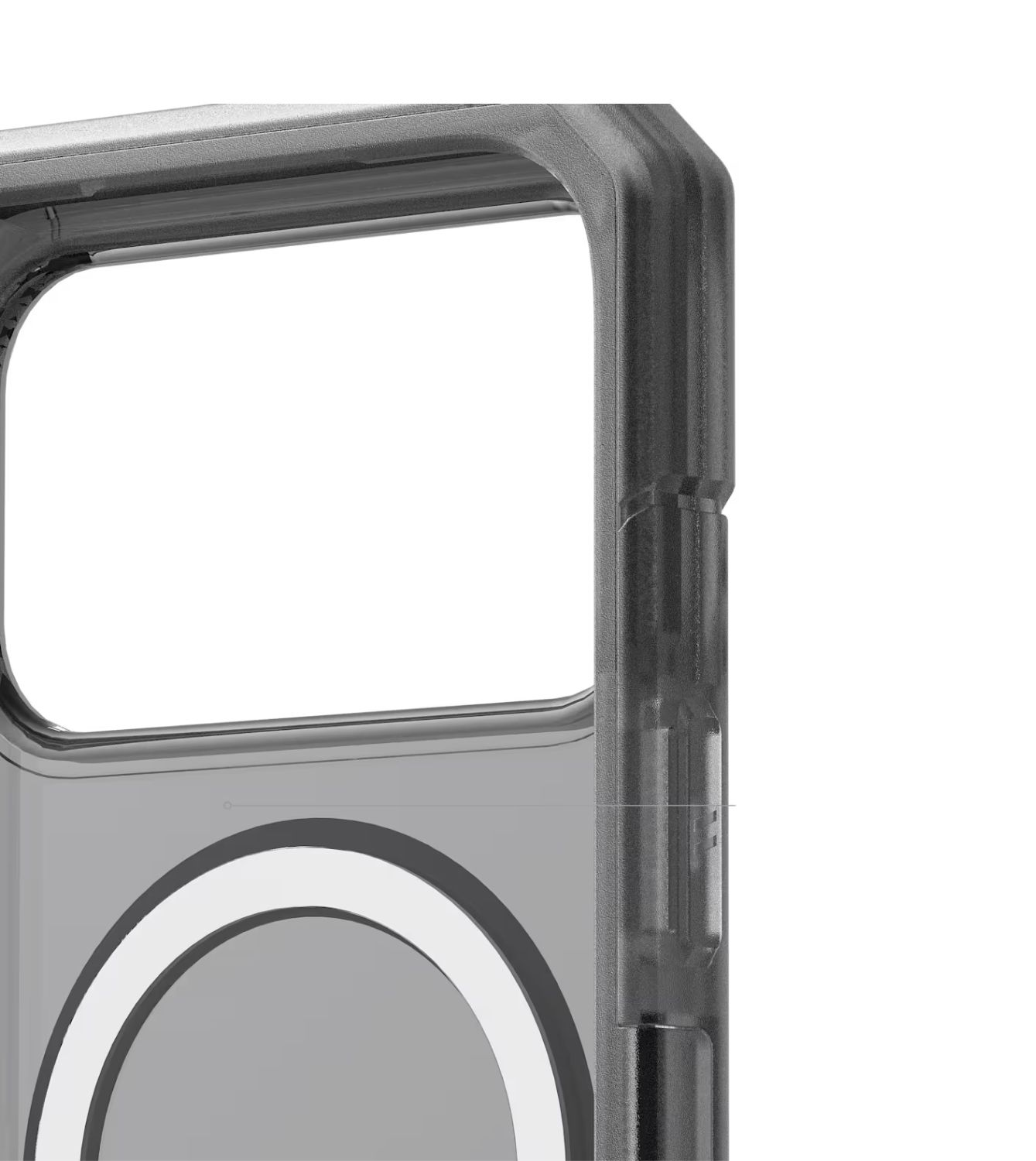 Nahaufnahme einer transparenten Handyhülle mit schwarzem Rahmen und Ring.