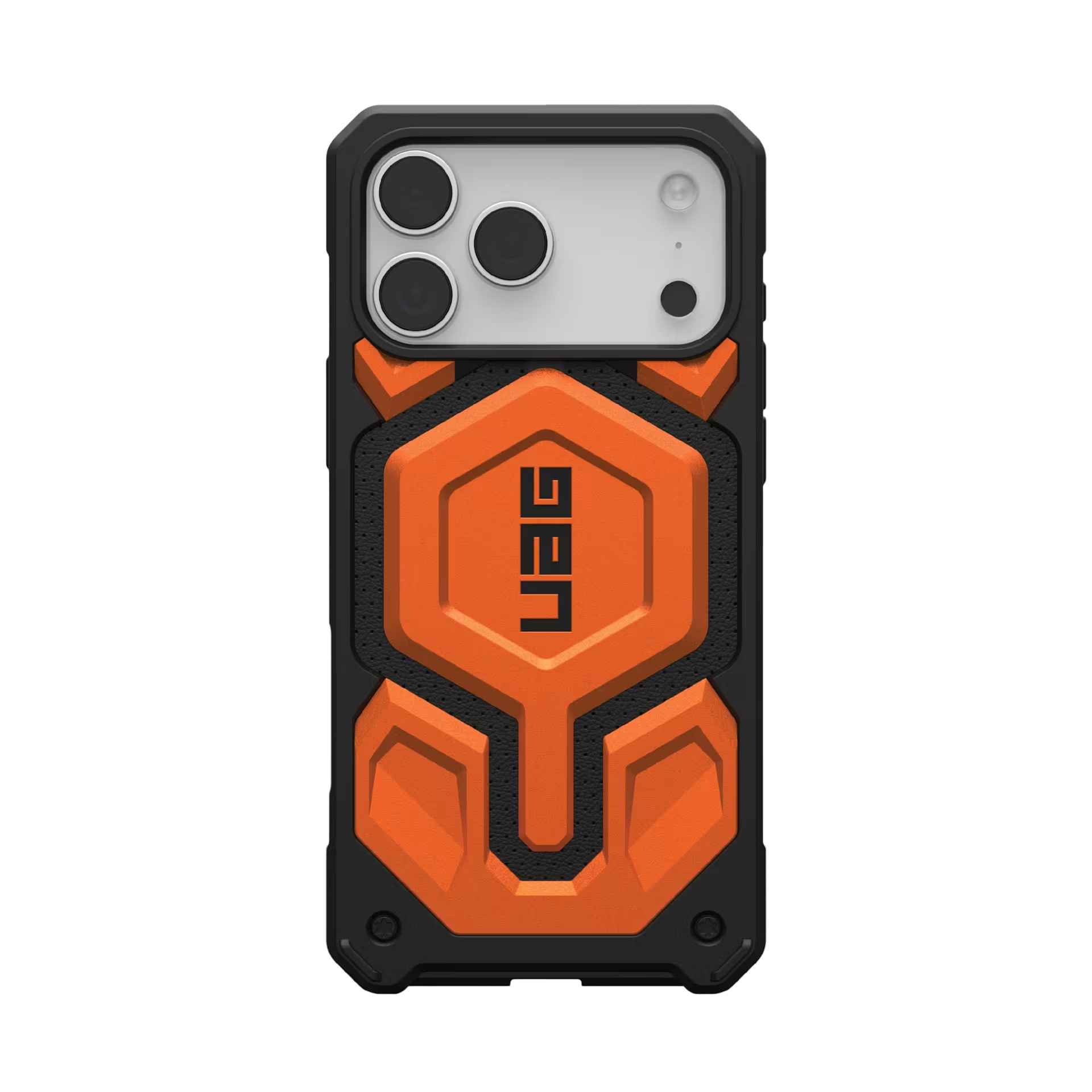 Czarne etui na telefon z pomarańczowymi akcentami i logo UAG.