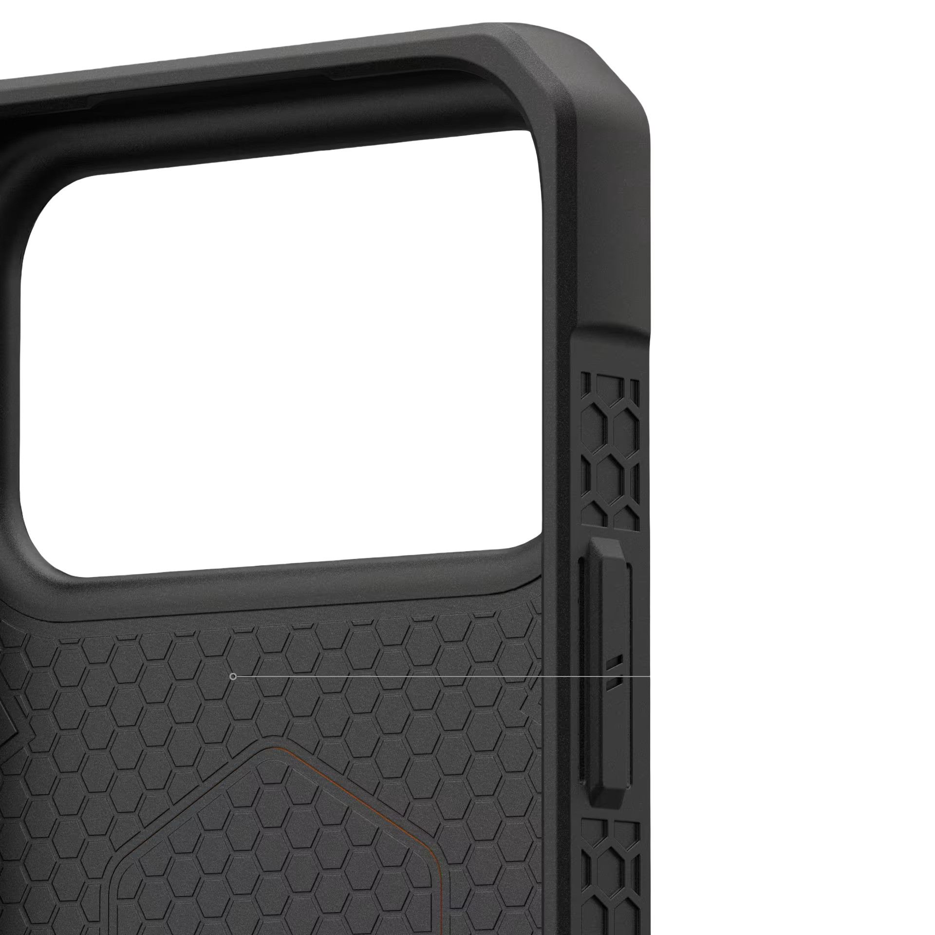 Czarne etui na telefon z wzorem plastra miodu i bocznymi przyciskami.