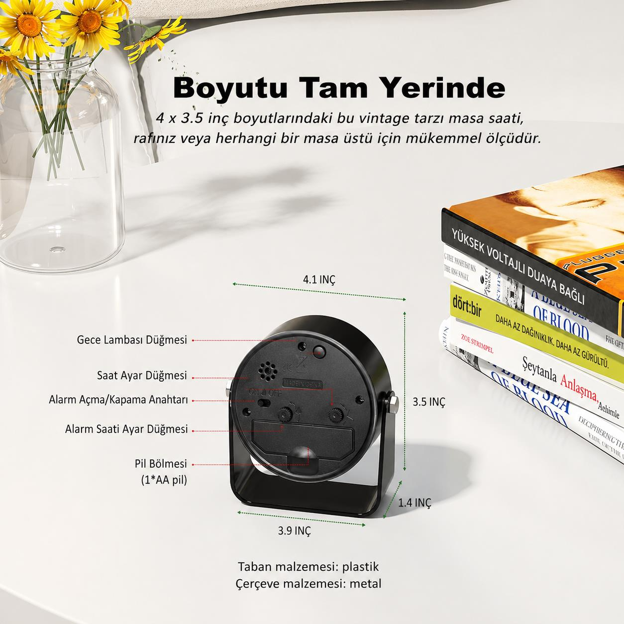 Düğmeleri ve boyutları olan yuvarlak, siyah vintage çalar saat, yan yana dizilmiş kitaplar.