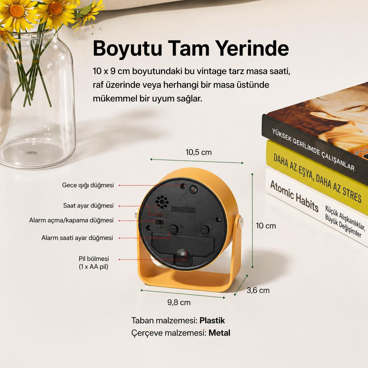 Boyutları, kitapları ve çiçek vazosuyla sarı vintage çalar saat.