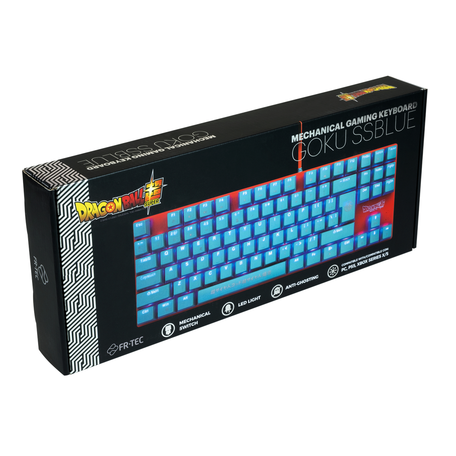 Caja de teclado mecánico gaming Dragon Ball con retroiluminación azul.