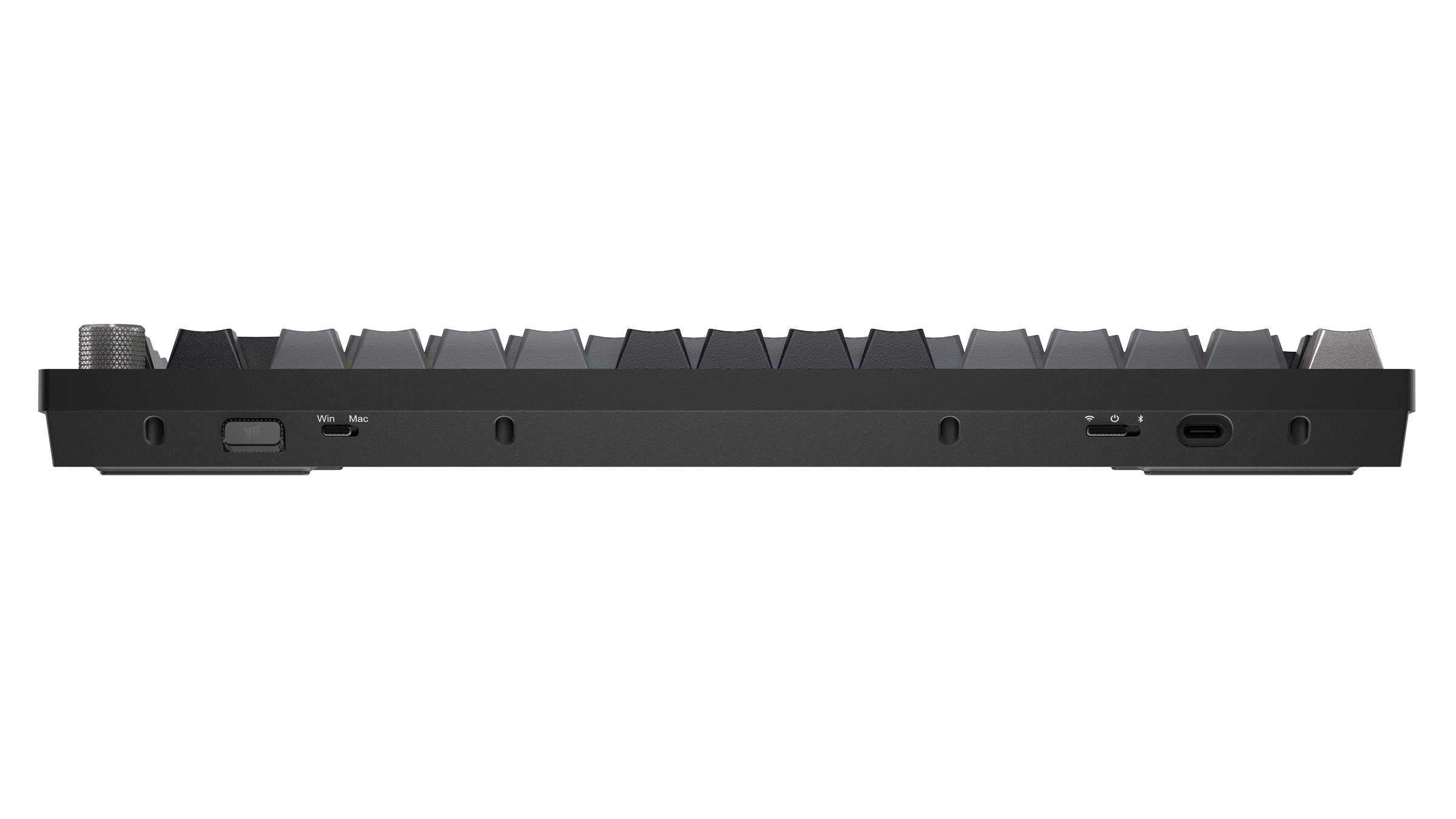 Black keyboard with rotary knob, switch, USB-C, and ports.