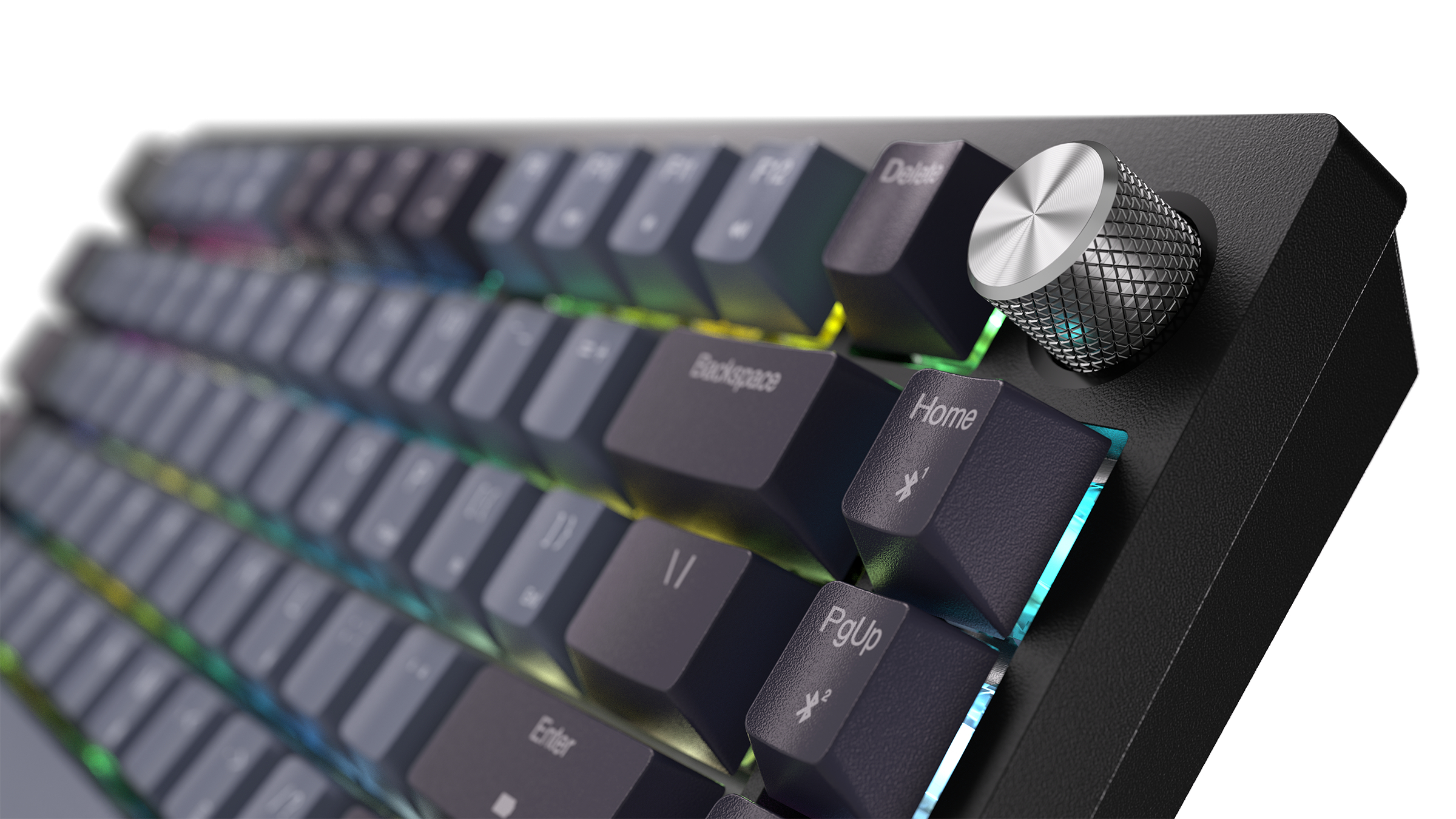 A close-up of a black mechanical keyboard with RGB lighting and a silver rotary knob.