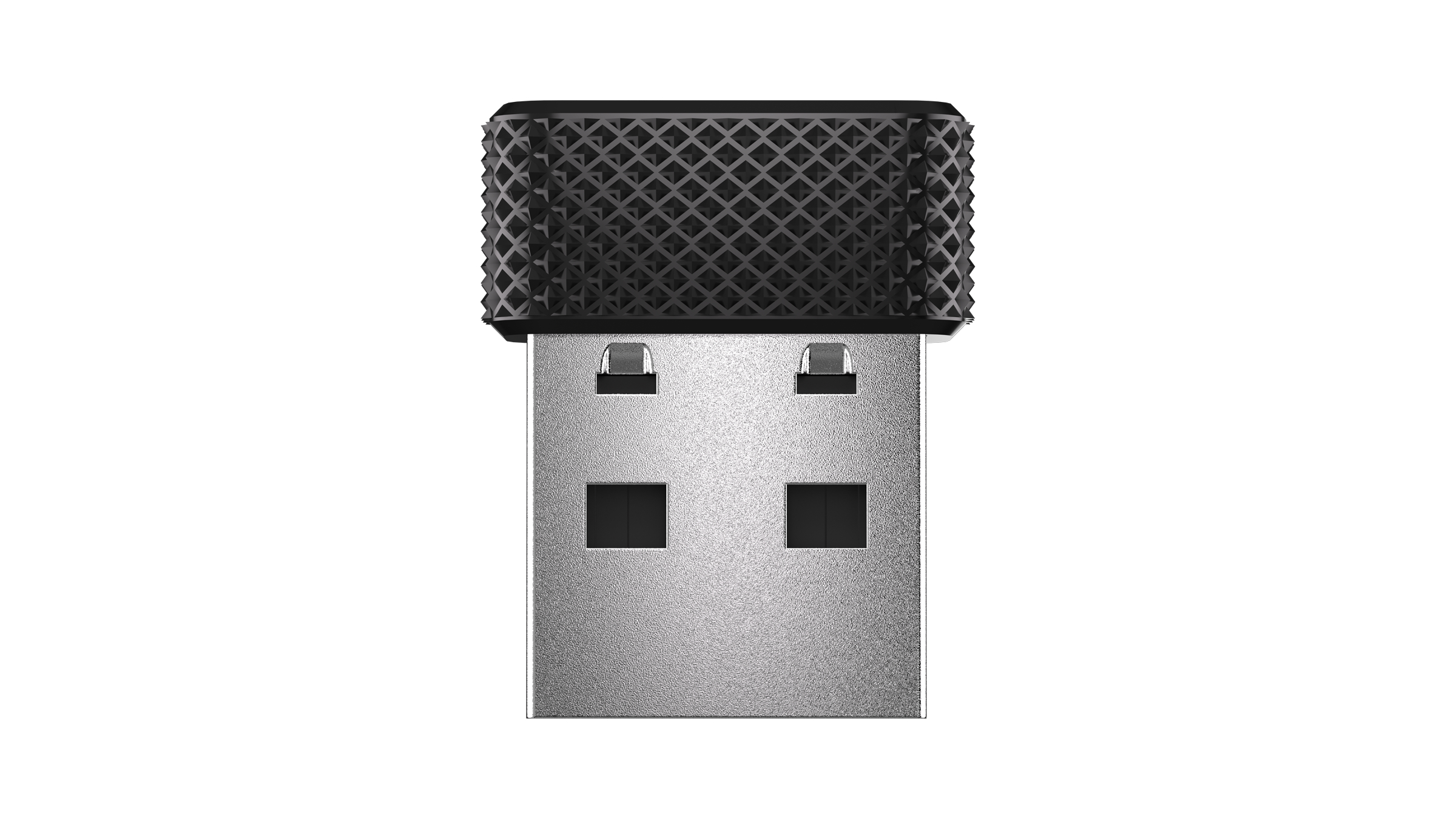 A black USB drive with a lattice pattern head on a white background.