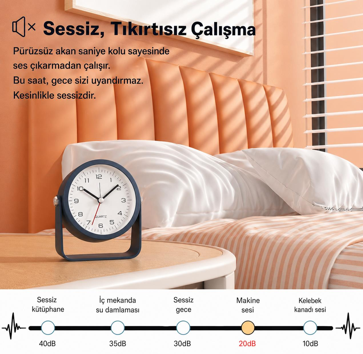 Turuncu nevresimli bir yatağın yanındaki komodinin üzerinde mavi bir çalar saat duruyor.