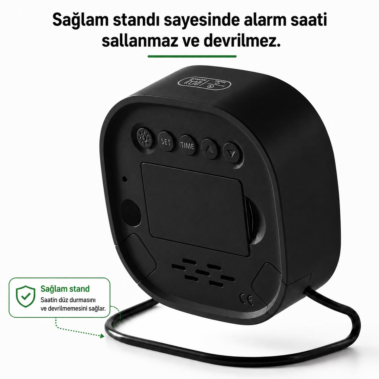 Sallanmayı ve devrilmeyi önleyen sağlam standlı siyah çalar saat.